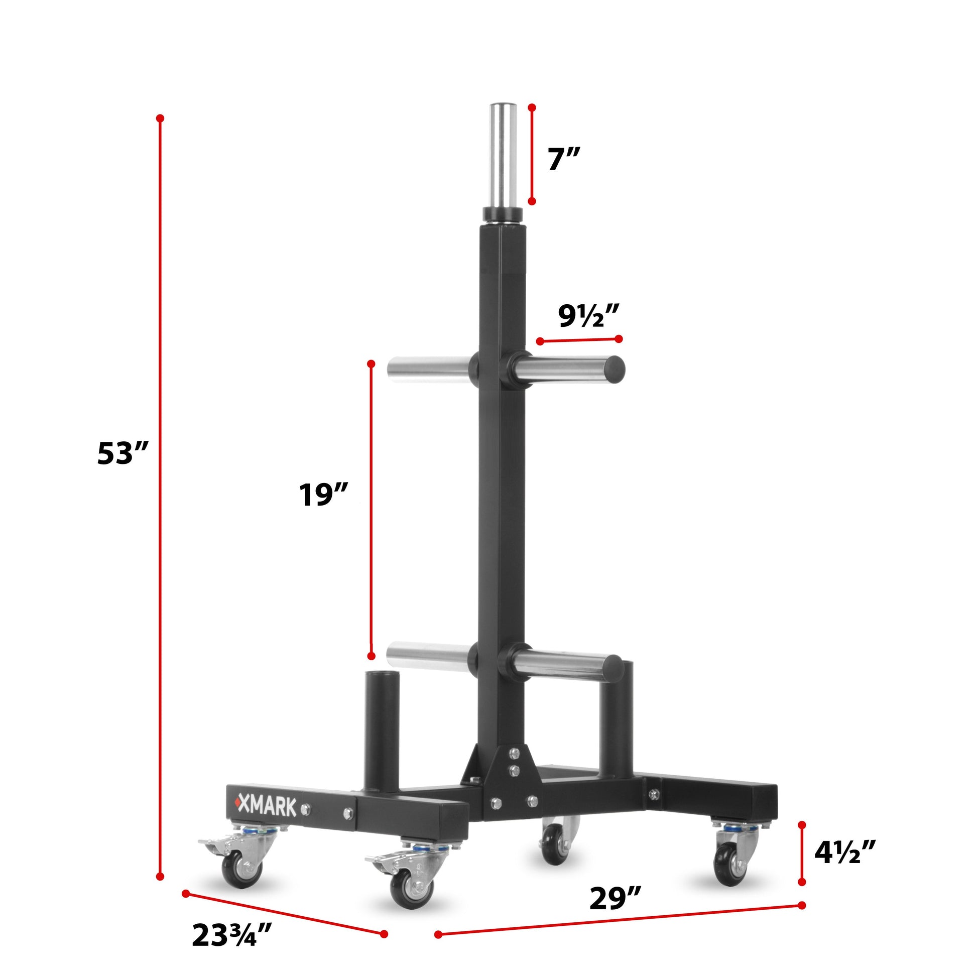 Commercial Bumper Plate Tree on Castors with Dual Bar Holders dimensions and features on display