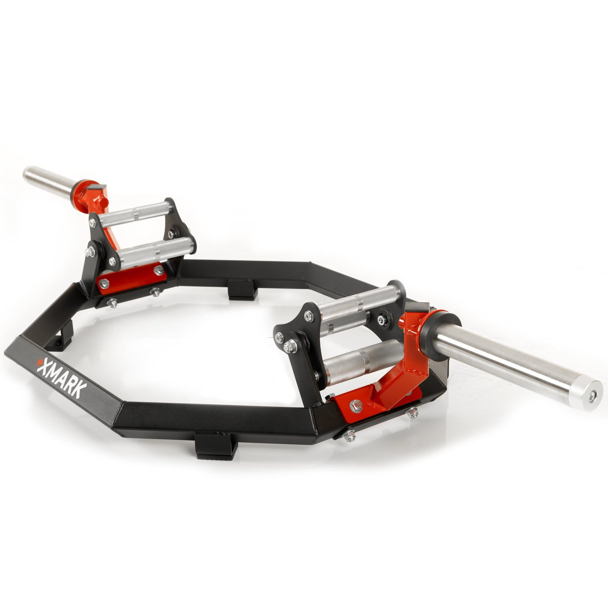 Olympic Hex Trap Shrug Barbell with revolving tri-grip handles and elevated Olympic sleeves for weightlifting.