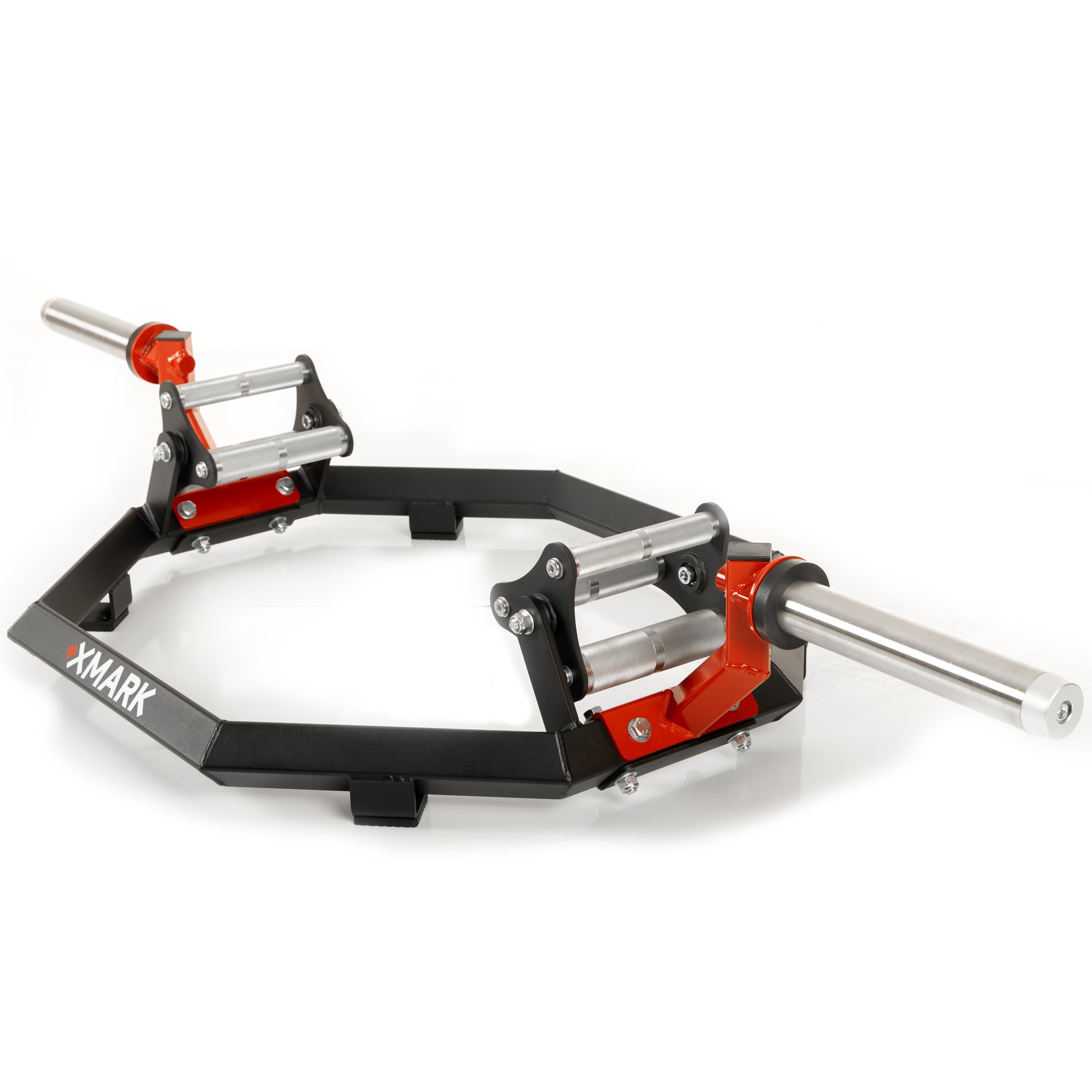 Olympic Hex Trap Shrug Barbell with revolving tri-grip handles and elevated Olympic sleeves for weightlifting.