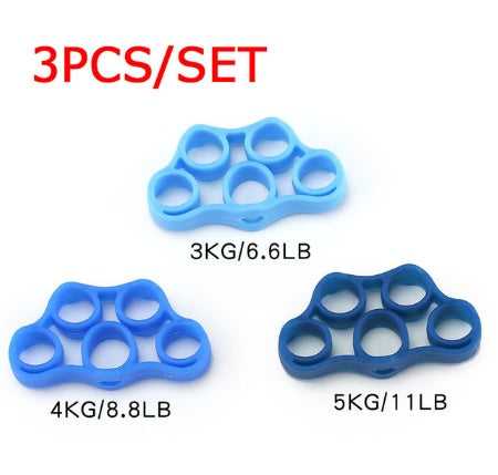 Silicone Finger Trainer Hand Gripper Resistance Bands Fitness set featuring three resistance levels in blue.