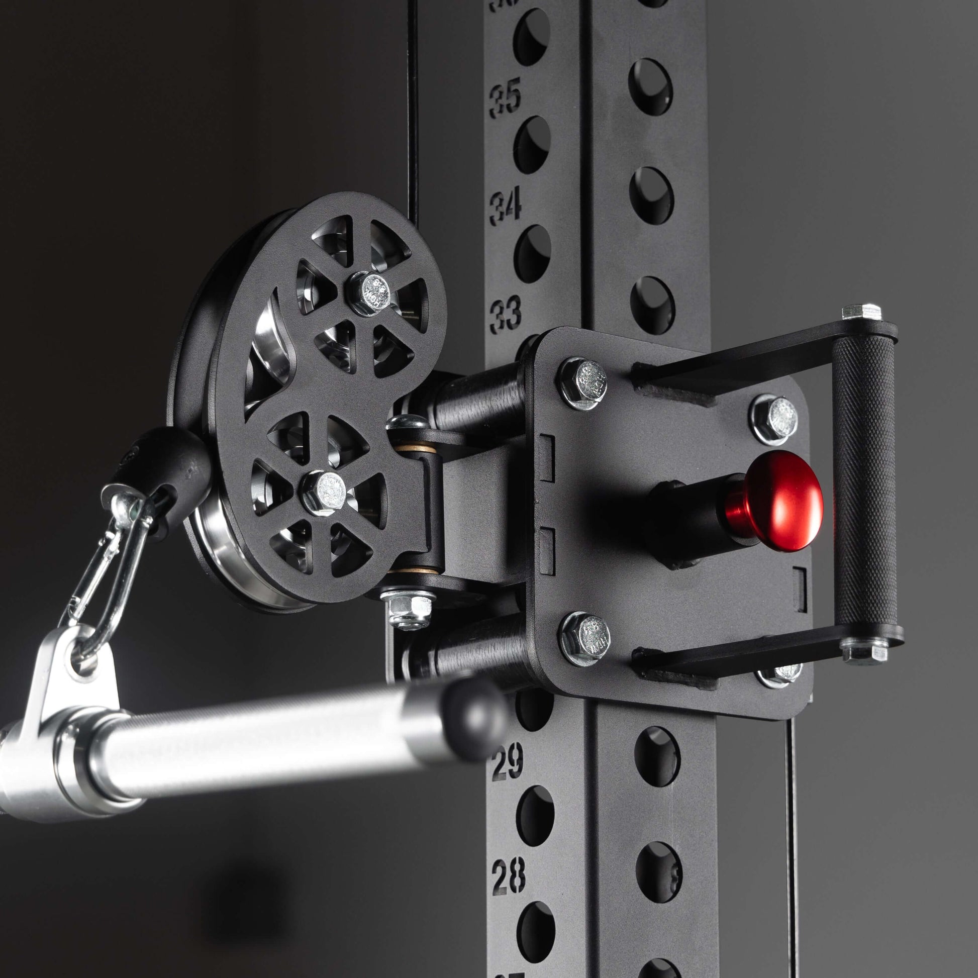 Close-up of the Commercial Half Rack Functional Trainer with Lat Pulldown and Low Row pulley system and handle.
