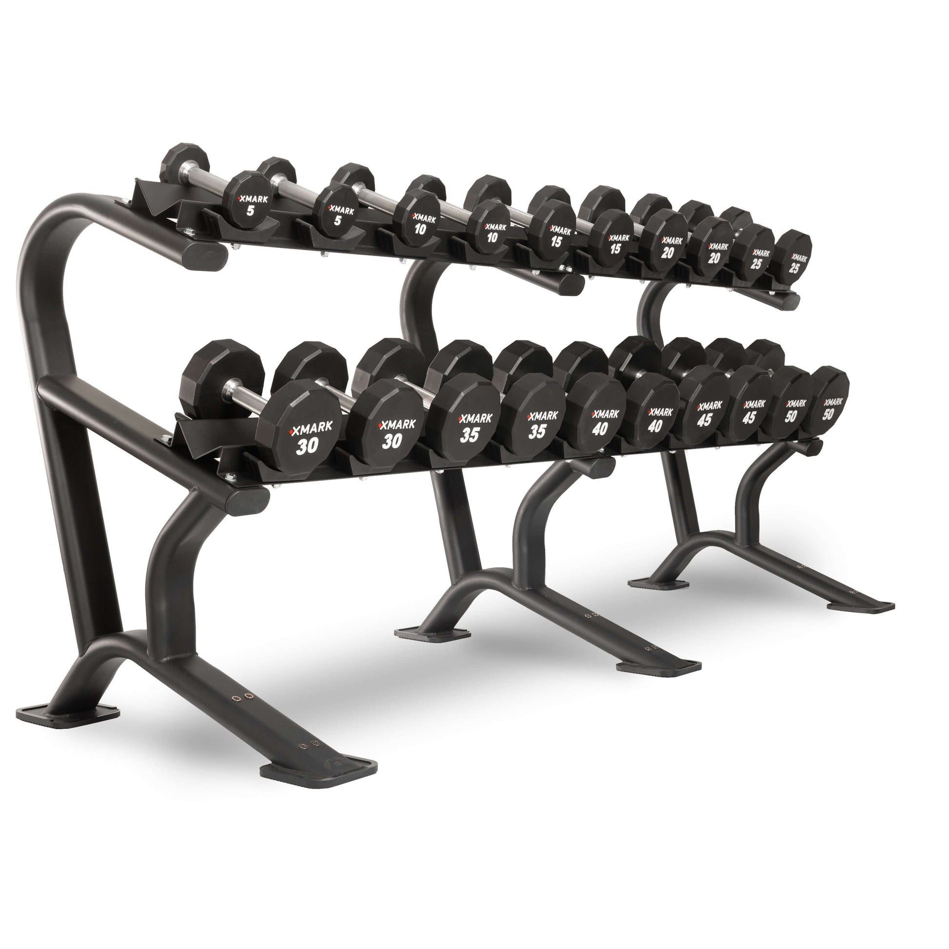 12-Sided Commercial Urethane Dumbbells 5-50 lb and 5-75 lb Sets on a rack, showcasing various weights for gym use.