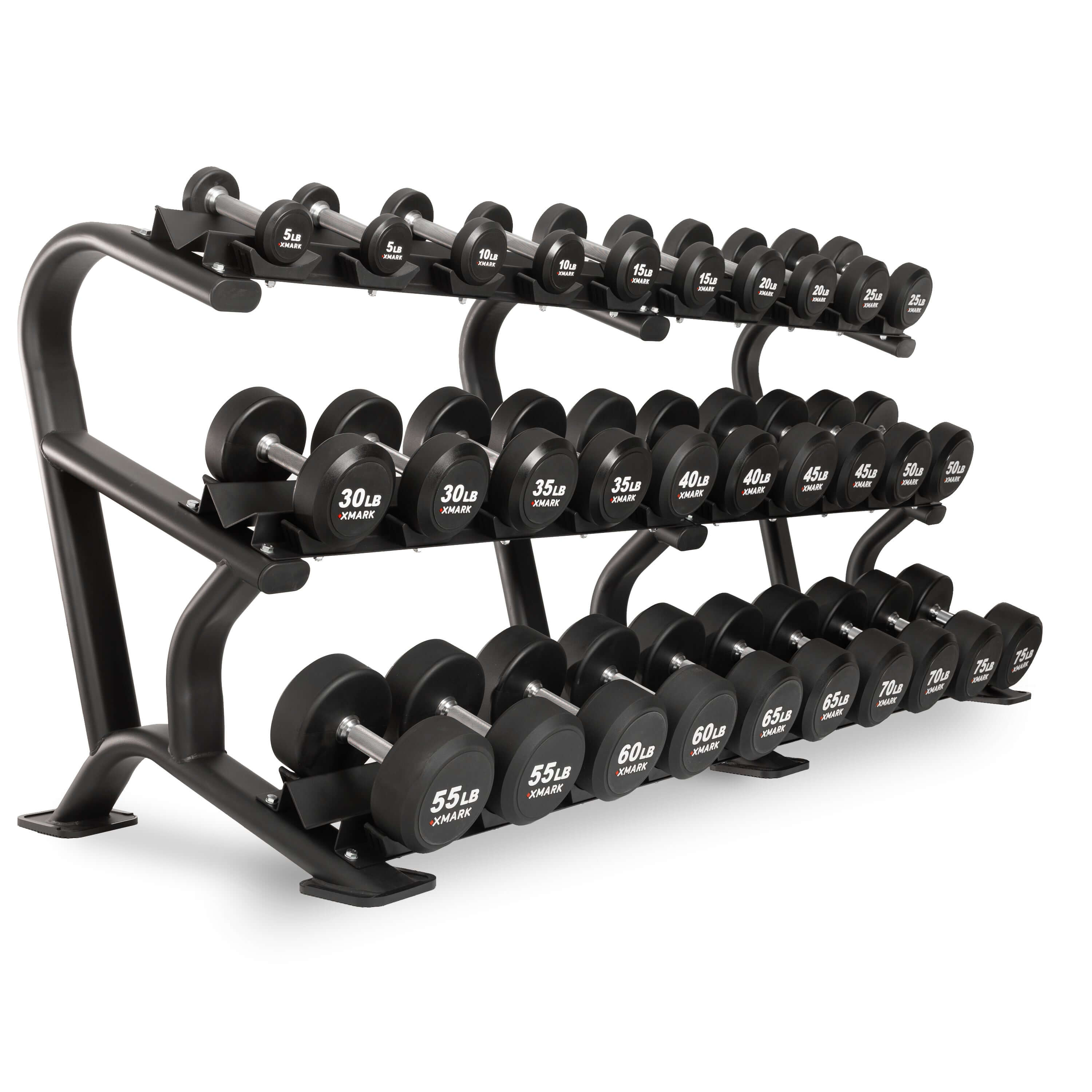 Round Commercial Urethane Dumbbells arranged on a rack for strength training and gym use.