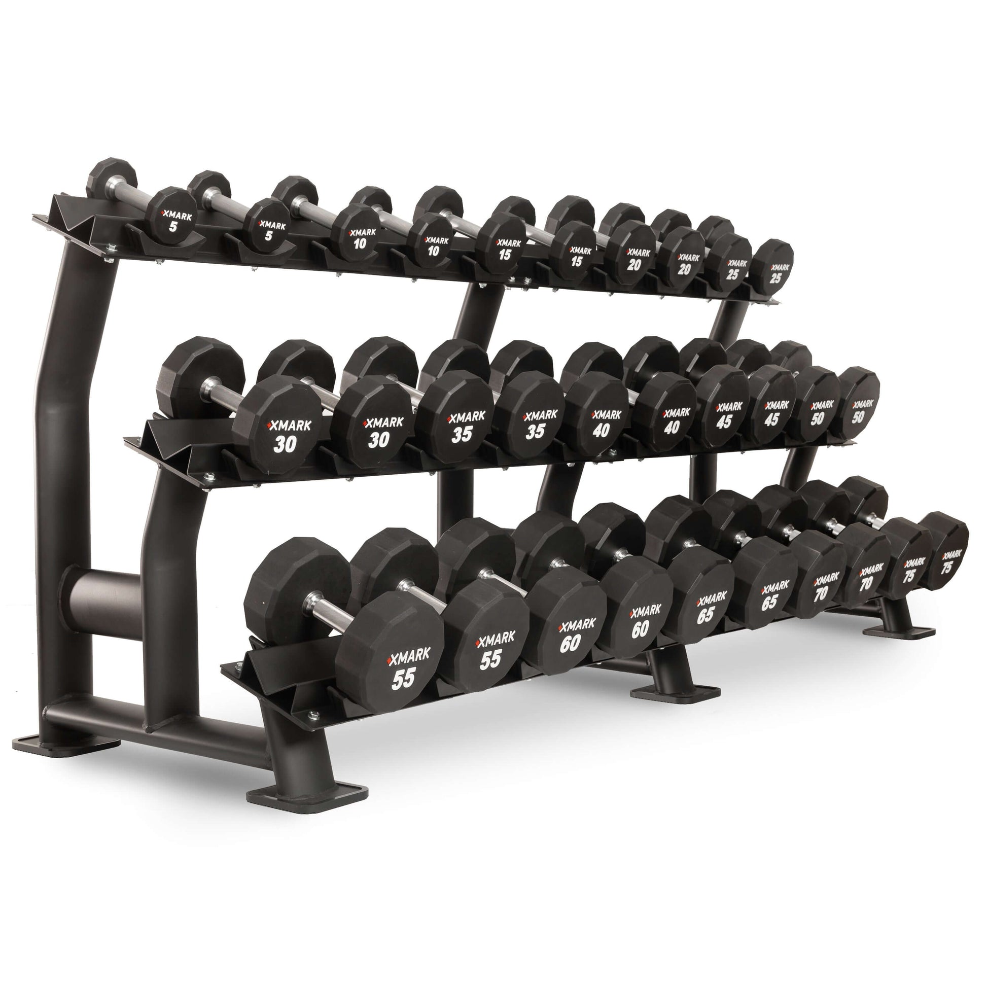 12-Sided Commercial Urethane Dumbbells 5-50 lb and 5-75 lb Sets displayed on a rack for fitness enthusiasts.