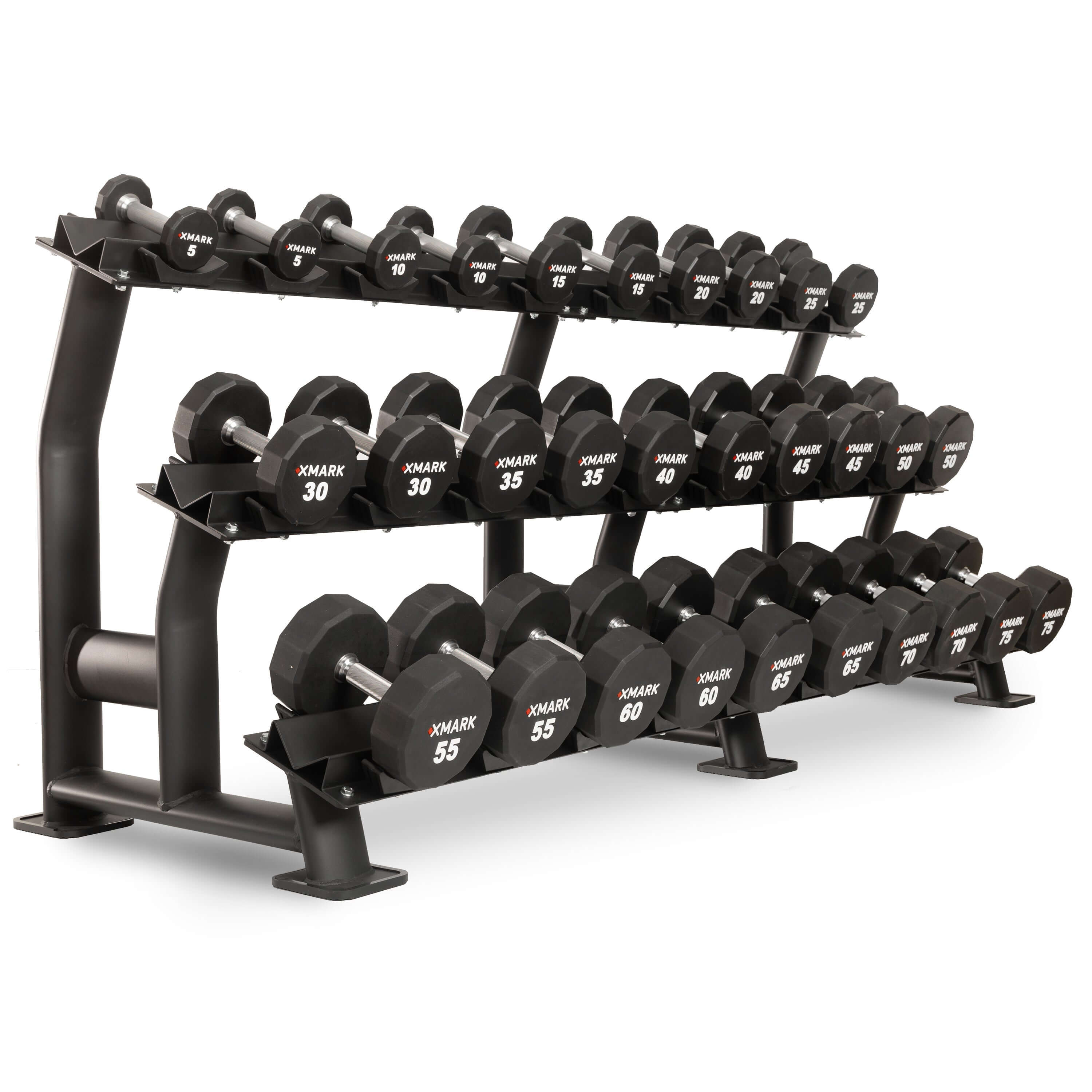 12-Sided Commercial Urethane Dumbbells 5-50 lb and 5-75 lb Sets displayed on a rack for fitness enthusiasts.