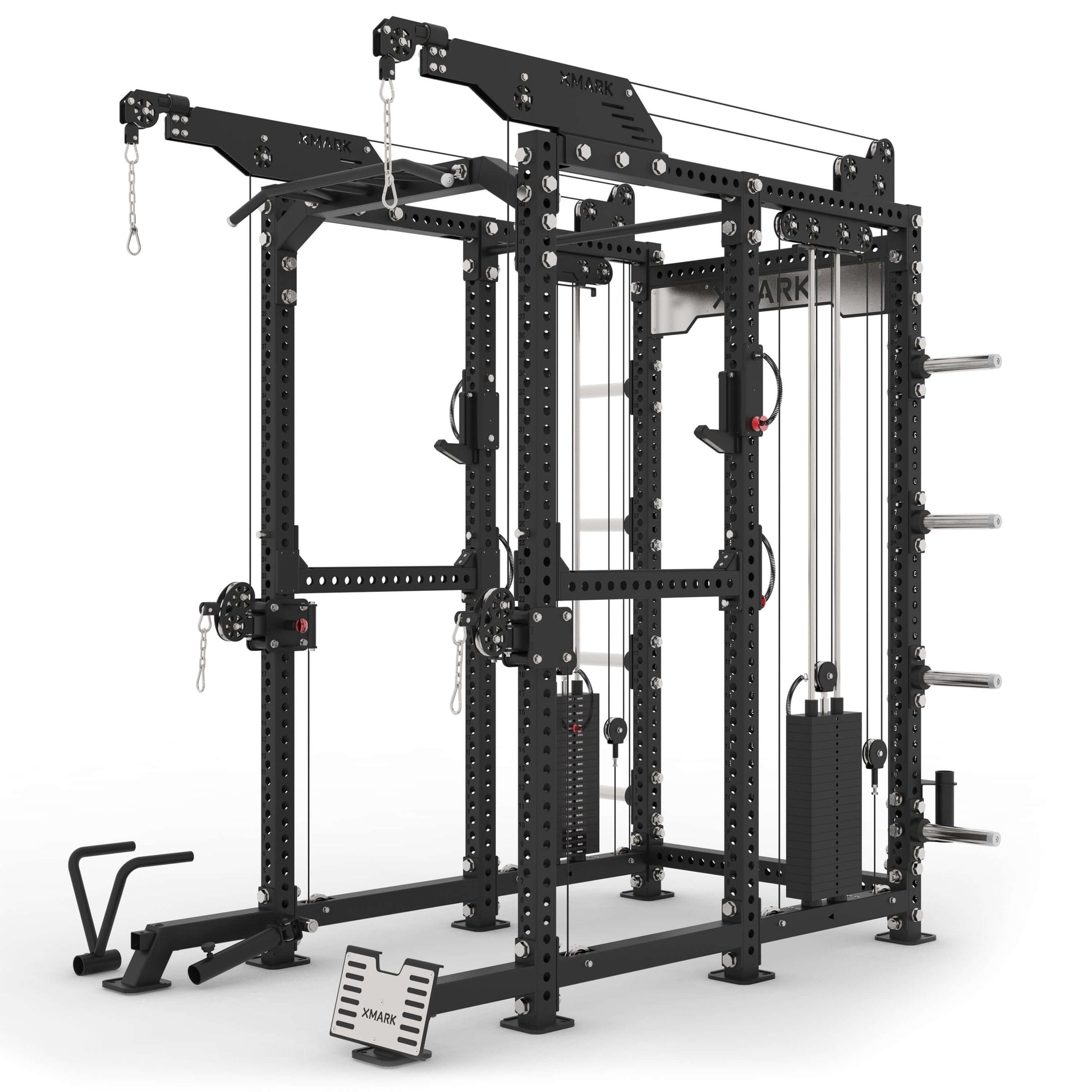 Commercial Power Rack Cable Machine 440 lbs Stack Weight with dual 220-pound weight stacks and sturdy frame.