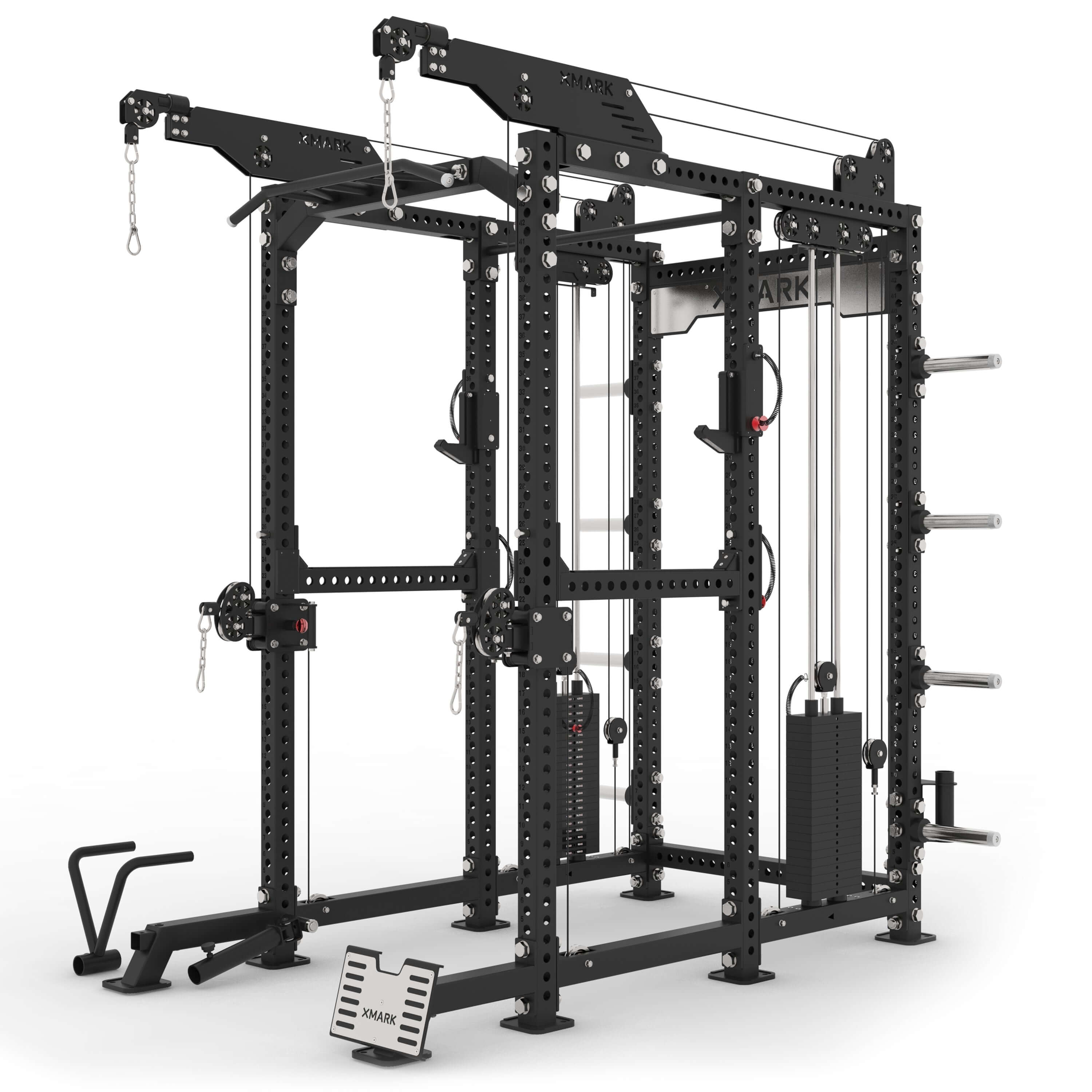 Commercial Power Rack Cable Machine 440 lbs Stack Weight with dual 220-pound weight stacks and sturdy frame.