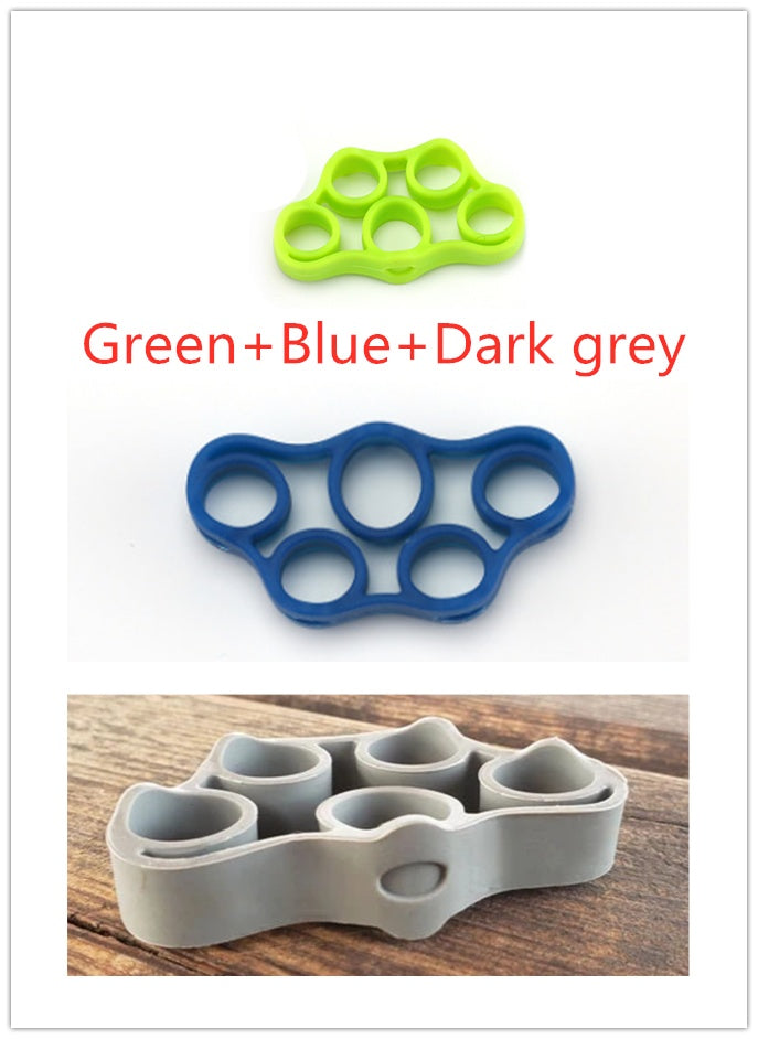 Silicone Finger Trainer Hand Gripper Resistance Bands Fitness in green, blue, and dark grey colors.