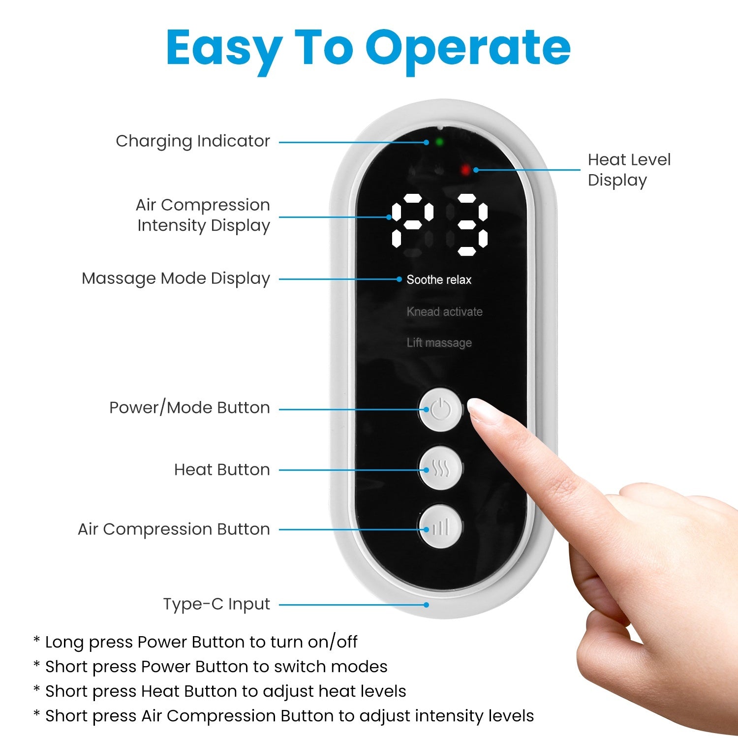 1Pc Cordless Leg Massager Air Compression Massager With Heat Thigh Knee Calf Massager With 3 Modes Adjustable Wrap For Pain Relief control panel features