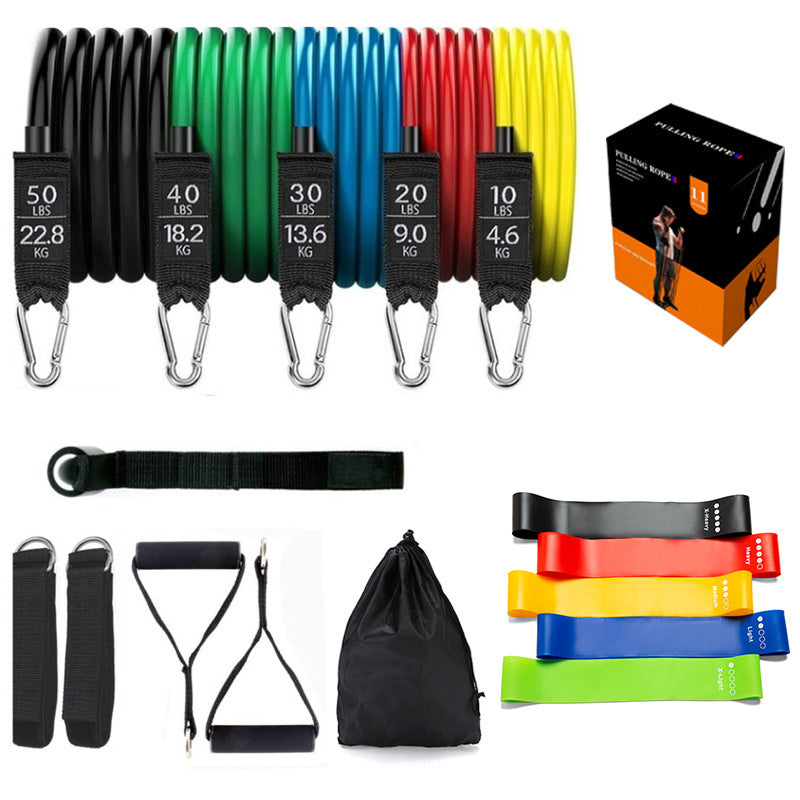 Latex Pull Rope Resistance Bands set with various resistance levels, accessories, and storage bag for full-body workouts.