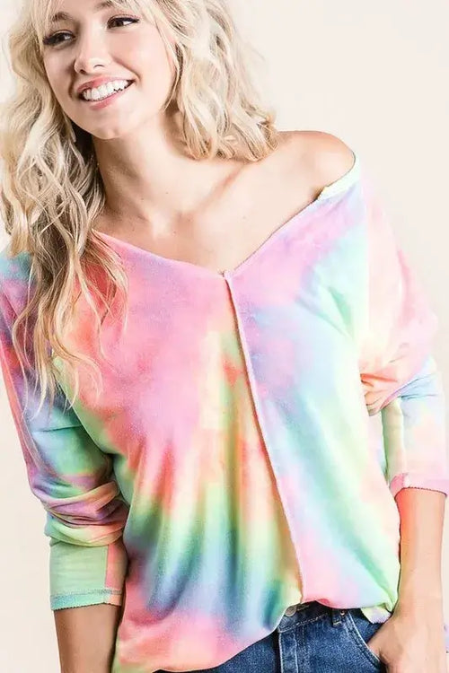 BiBi Long Sleeve Tie-Dye Terry T-Shirt in trendy pastel colors, showcasing a relaxed and stylish look.