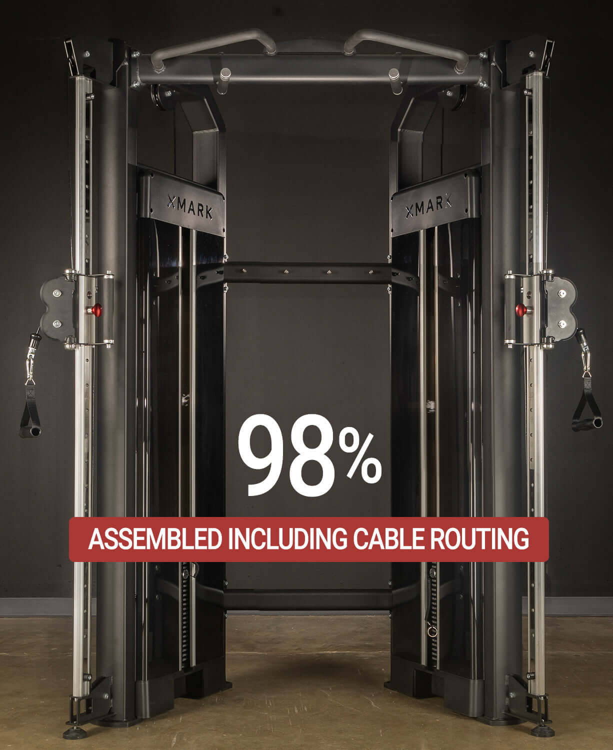 Functional Trainer With Dual 230 lb Weight Stacks showing 98% assembled including cable routing for easy setup.