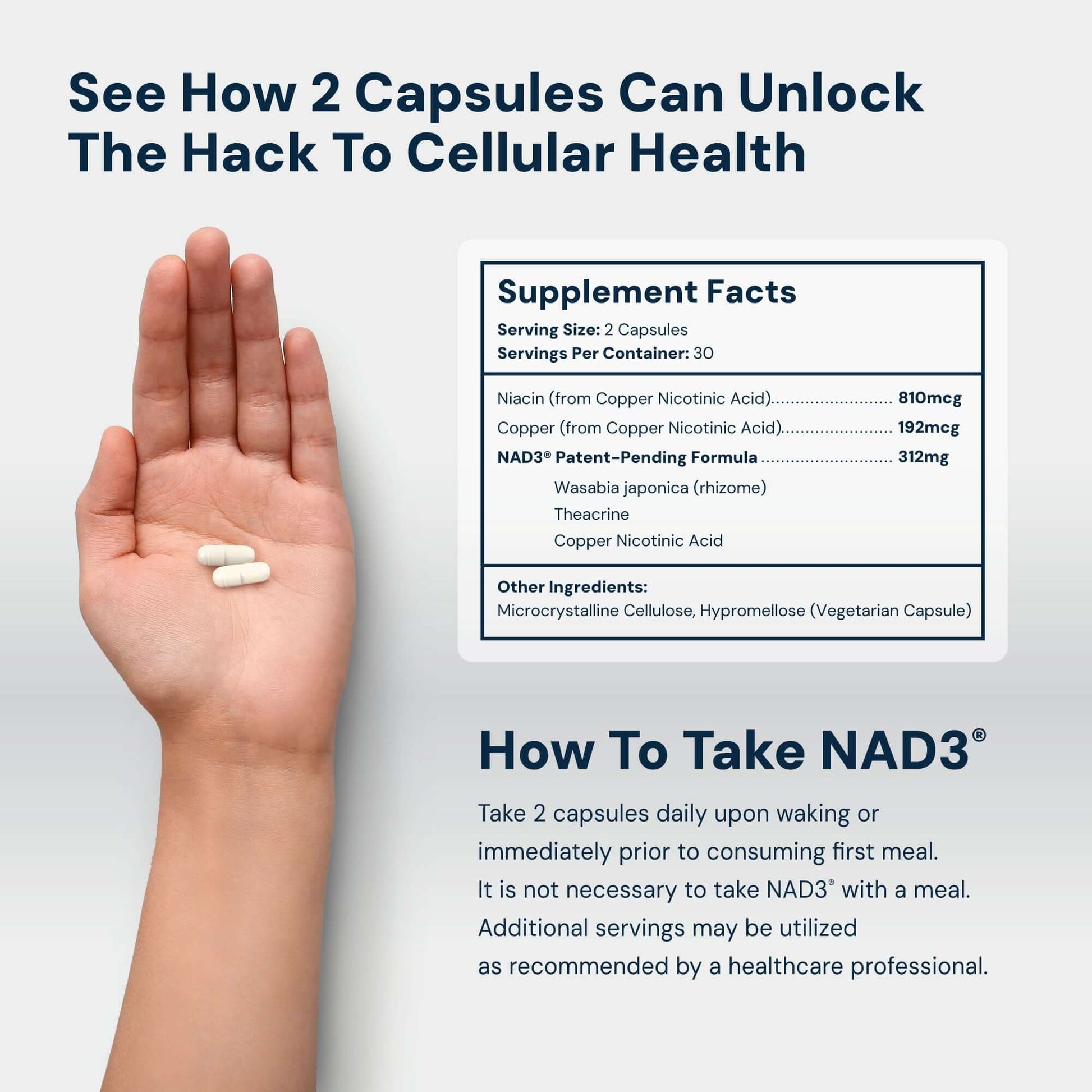 Two capsules of NAD3 60 - All Natural NAD+ Booster in hand, showcasing supplement facts and usage instructions.