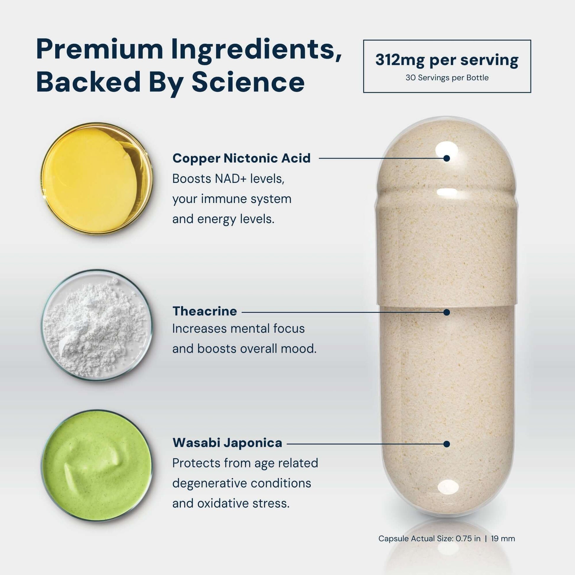 Premium ingredients for NAD3 60 - All Natural NAD+ Booster including Copper Nicotinic Acid, Theacrine, and Wasabi Japonica.