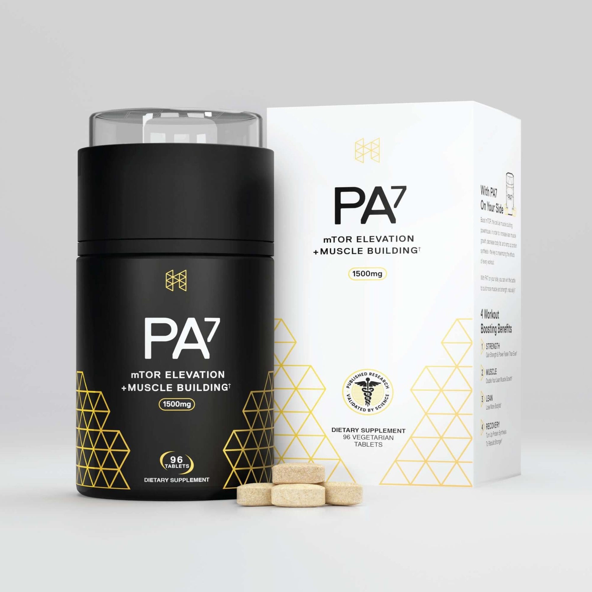 Mediator mTOR Elevation product packaging with tablets for muscle enhancement and performance nutrition.