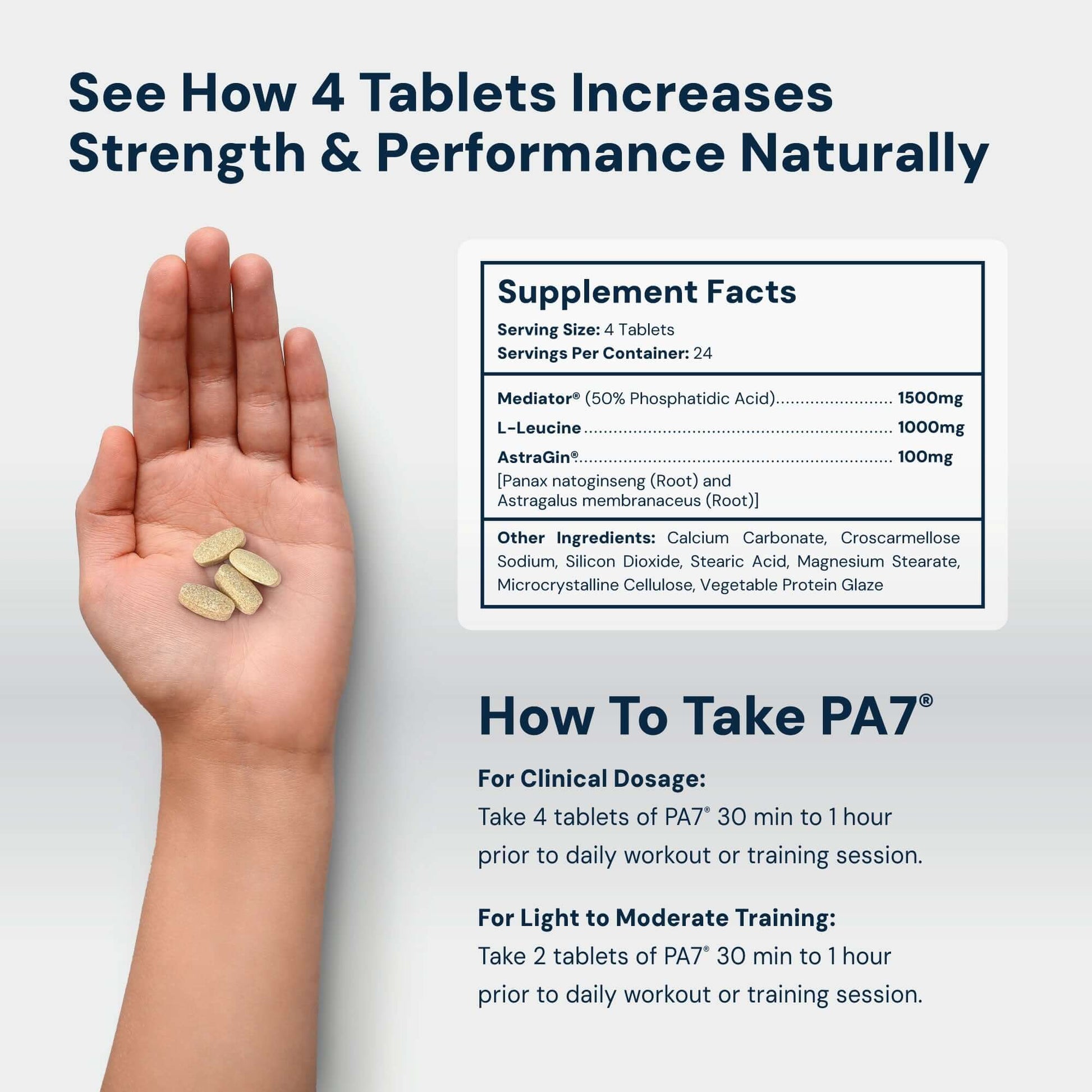 Mediator mTOR Elevation tablets shown in hand for strength and performance improvement.