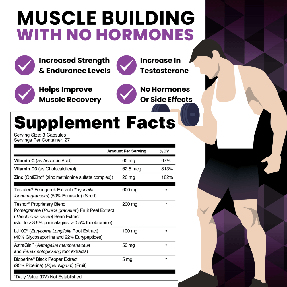 Supplement facts for T5 Natural Test Booster highlighting benefits of muscle building with no hormones.