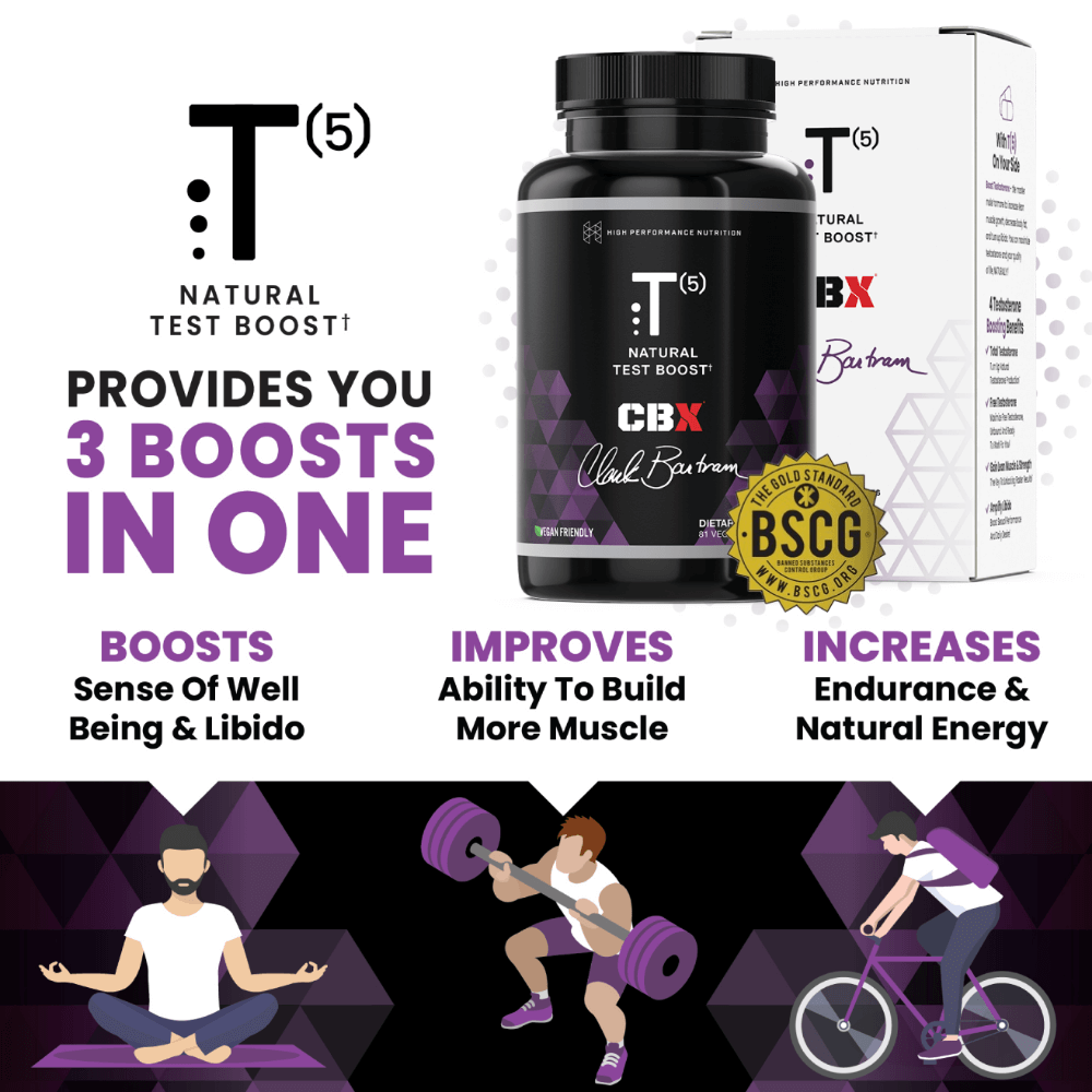 T5 Natural Test Booster product image showing benefits such as boosts, improves, and increases for health and fitness.