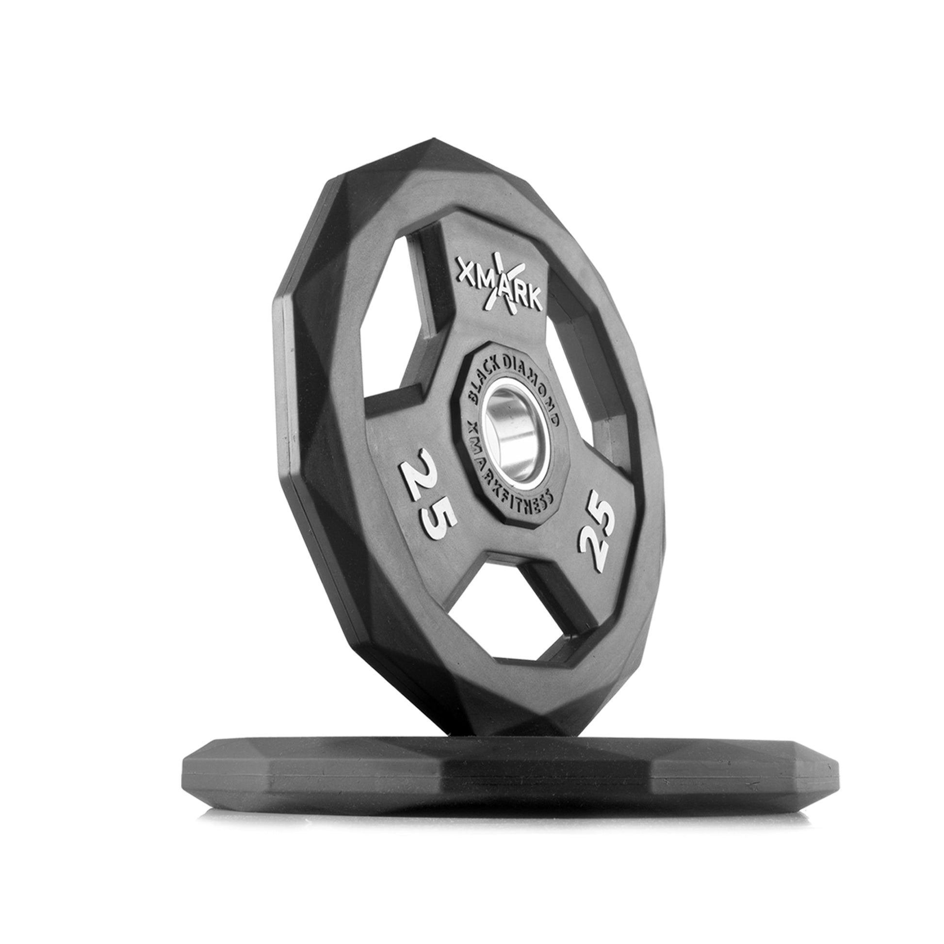 Black Diamond Olympic Weight Plates in 25 lb size with unique design and durable rubber encasing.