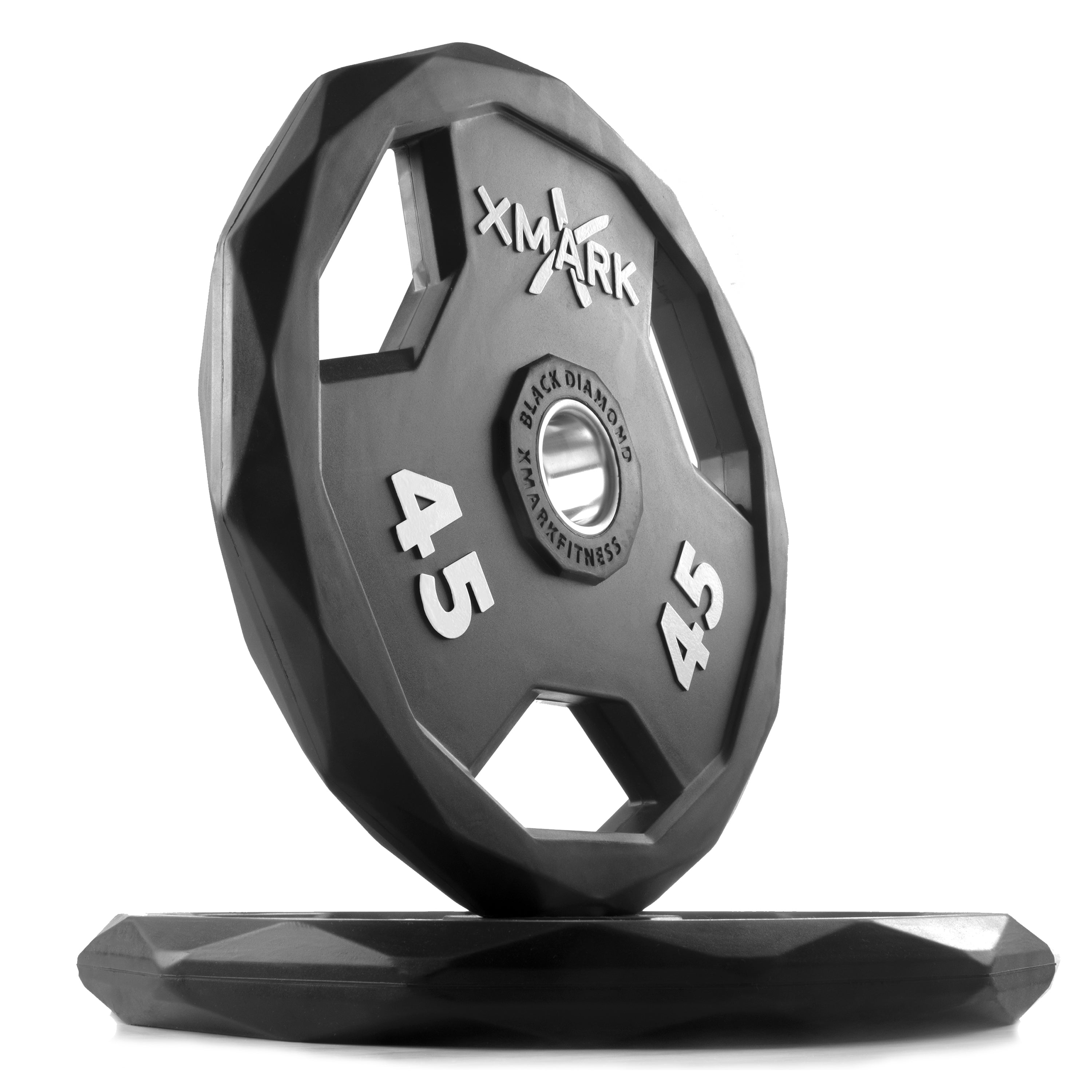 Black Diamond Olympic Weight Plates displayed with a solid cast iron core and premium virgin rubber encasing.