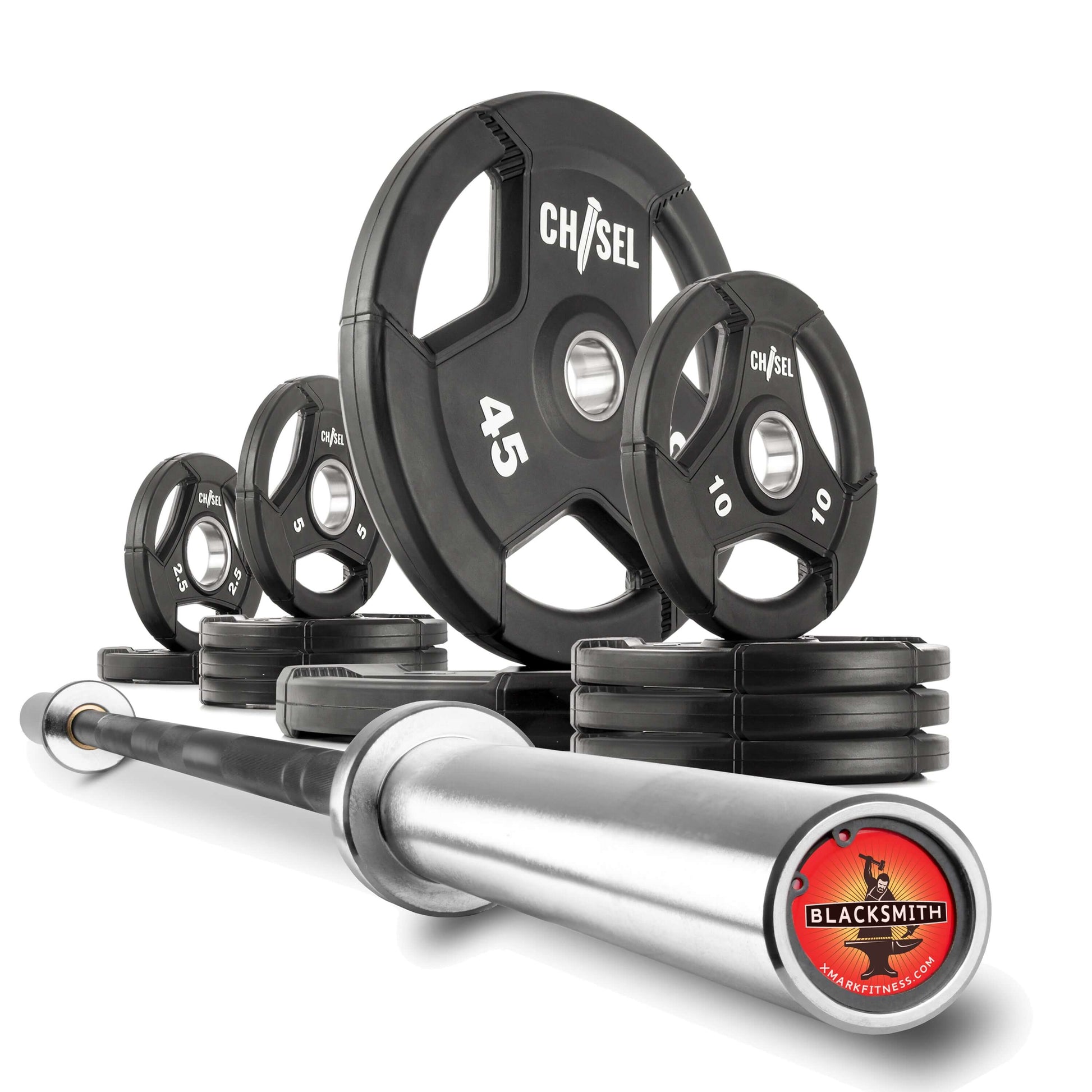 Chisel Olympic Weight Plates & Bar Set Builder with various weight plates and an Olympic bar.