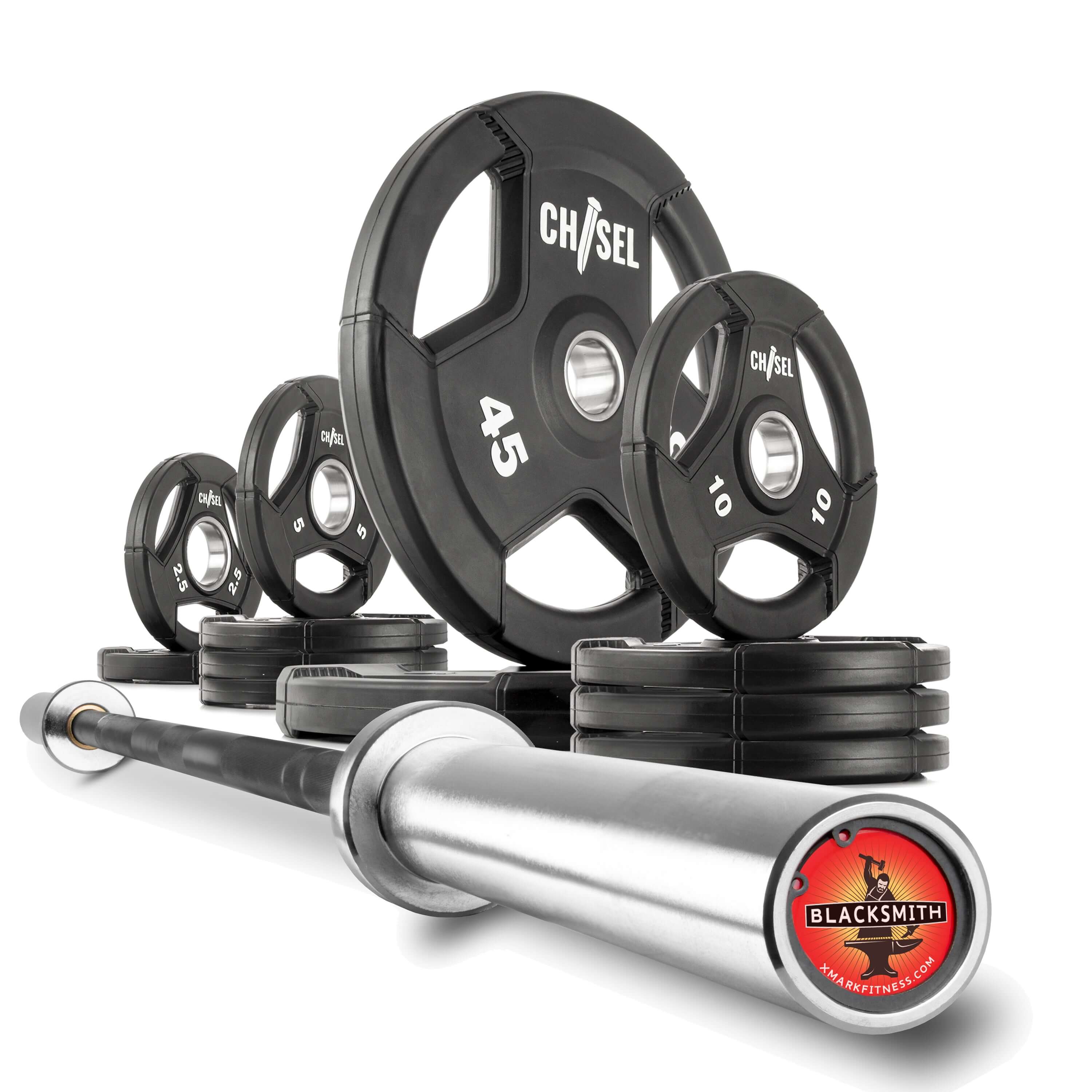 Chisel Olympic Weight Plates & Bar Set Builder with various weight plates and an Olympic bar.