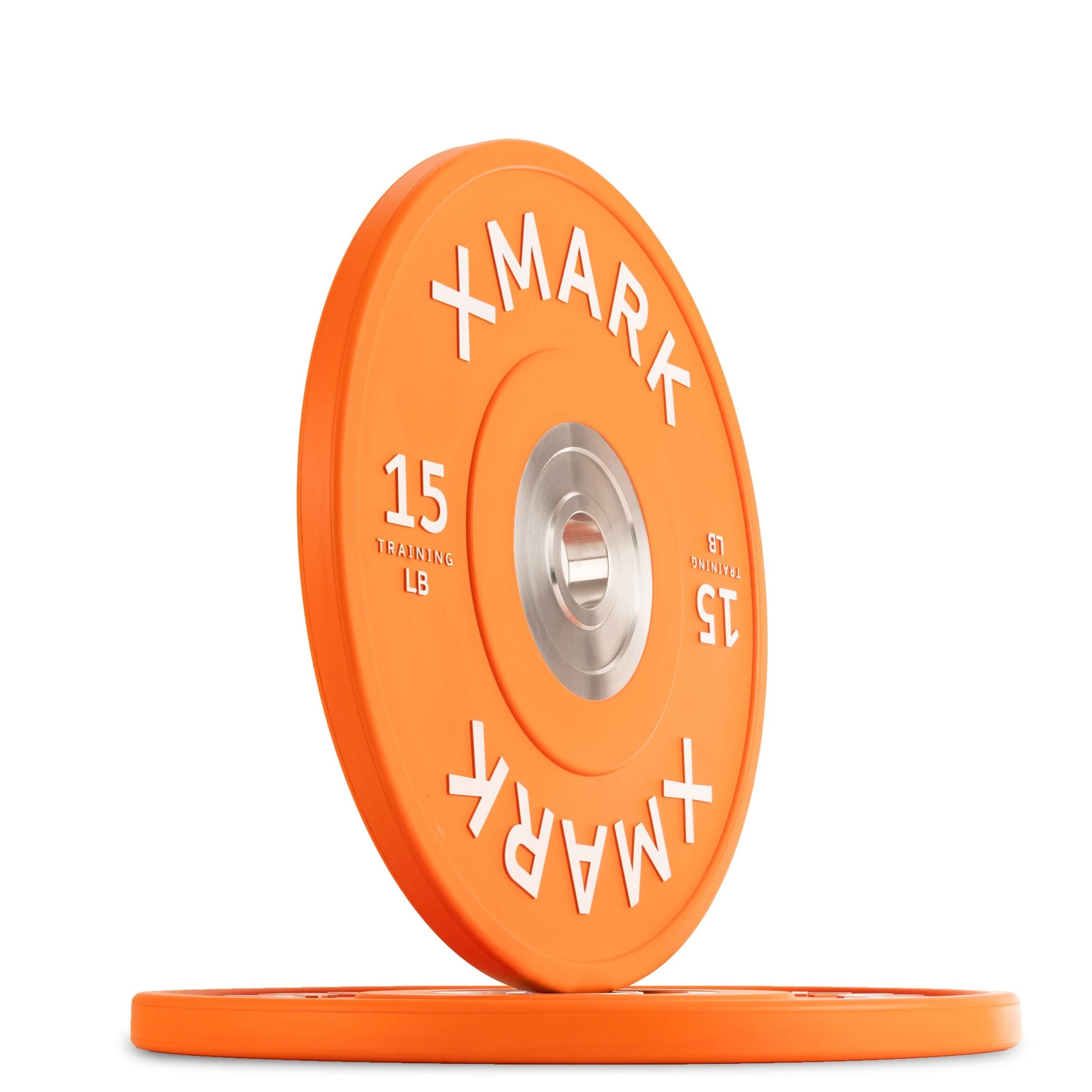 Commercial Premium Virgin Rubber Color Bumper Plates LB, orange 15 lb weight plate from XMARK, showcasing premium quality and design.