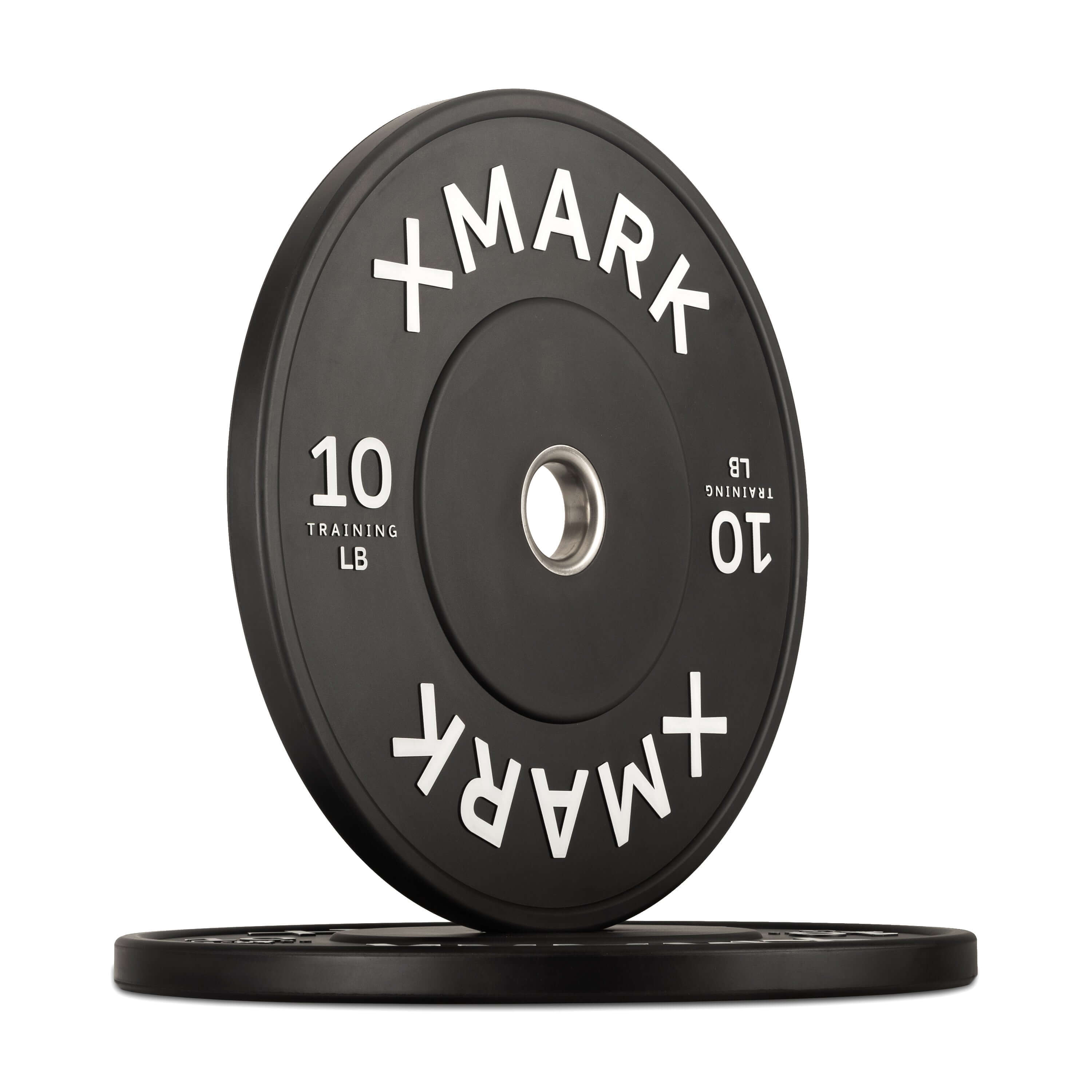 Commercial Black Bumper Plates LB stacked with 10 LB training plate, durable for gym and weightlifting.