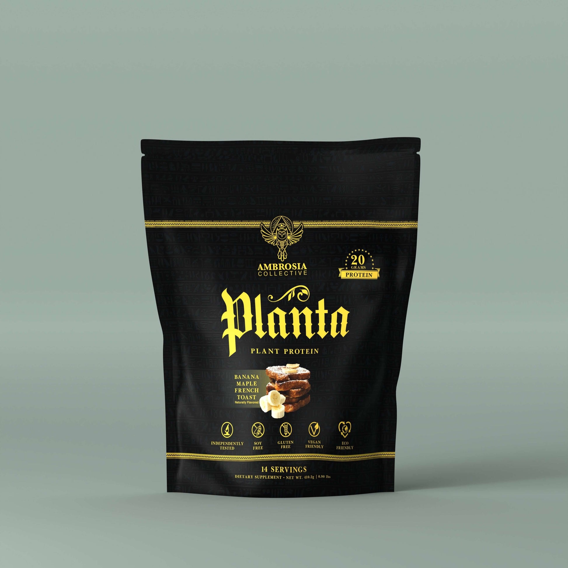 Planta - Premium Plant Protein packaging featuring banana and chocolate flavors with 20g protein per serving.