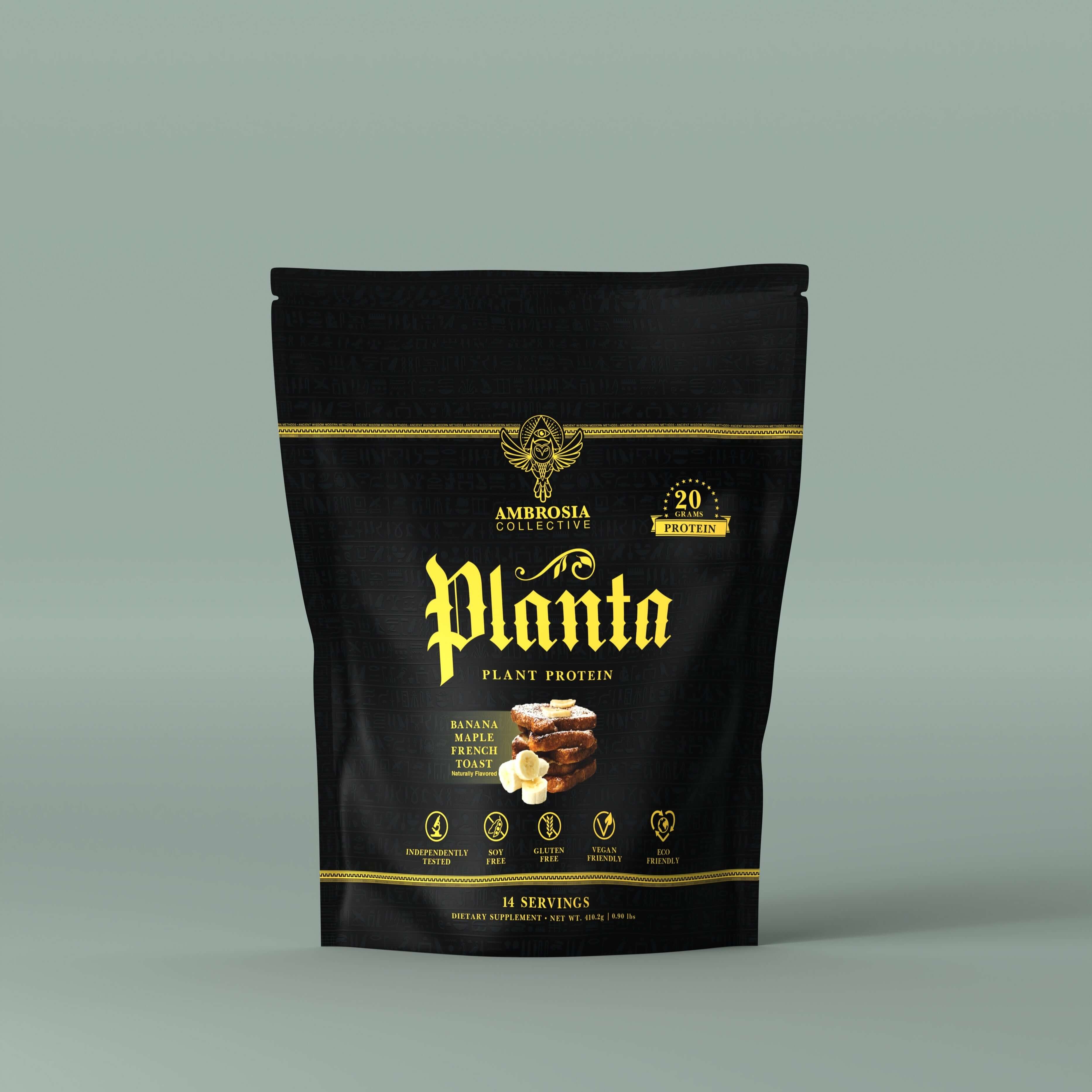 Planta - Premium Plant Protein packaging featuring banana and chocolate flavors with 20g protein per serving.