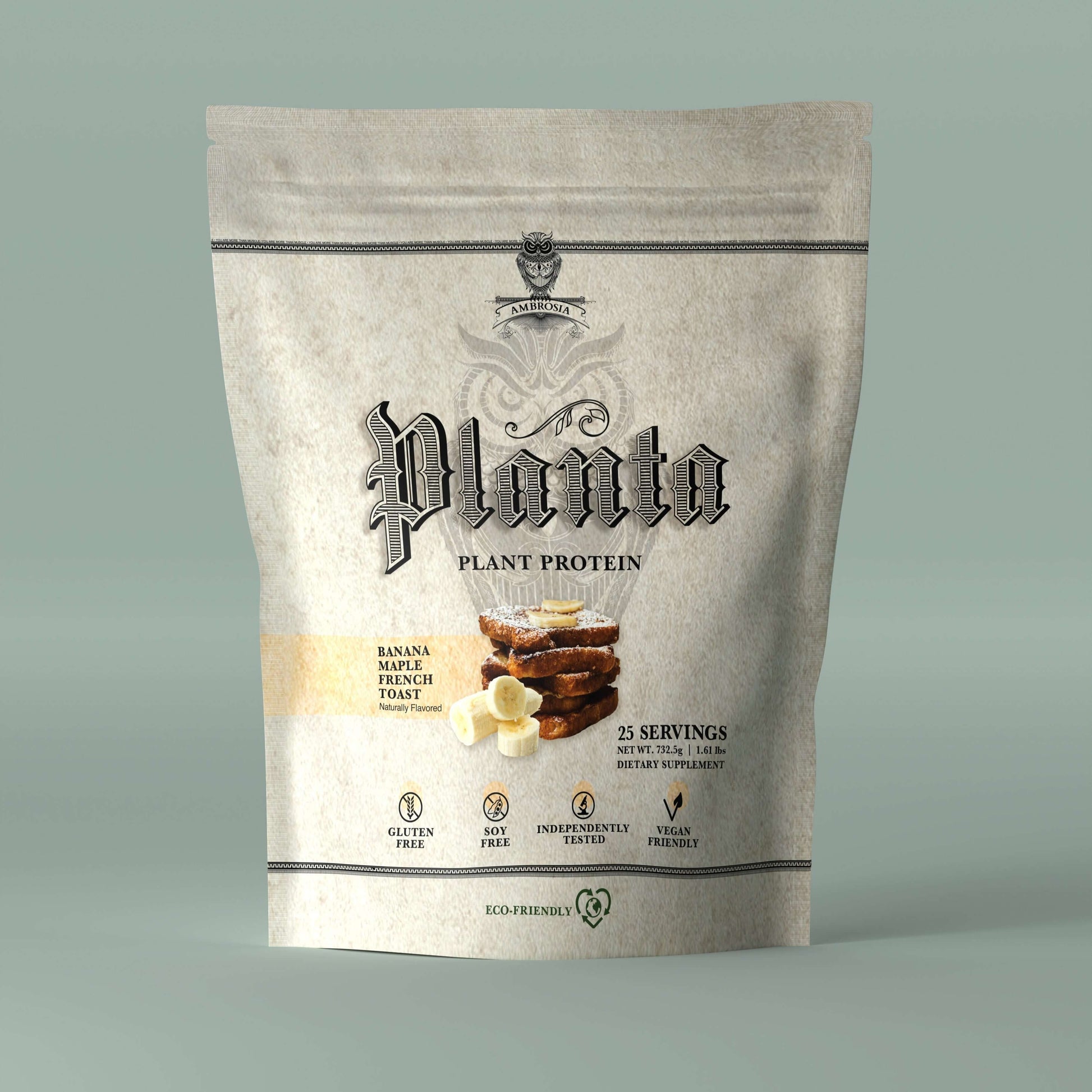 Planta - Premium Plant Protein product packaging featuring banana flavor and 25 servings, gluten-free and vegan friendly.
