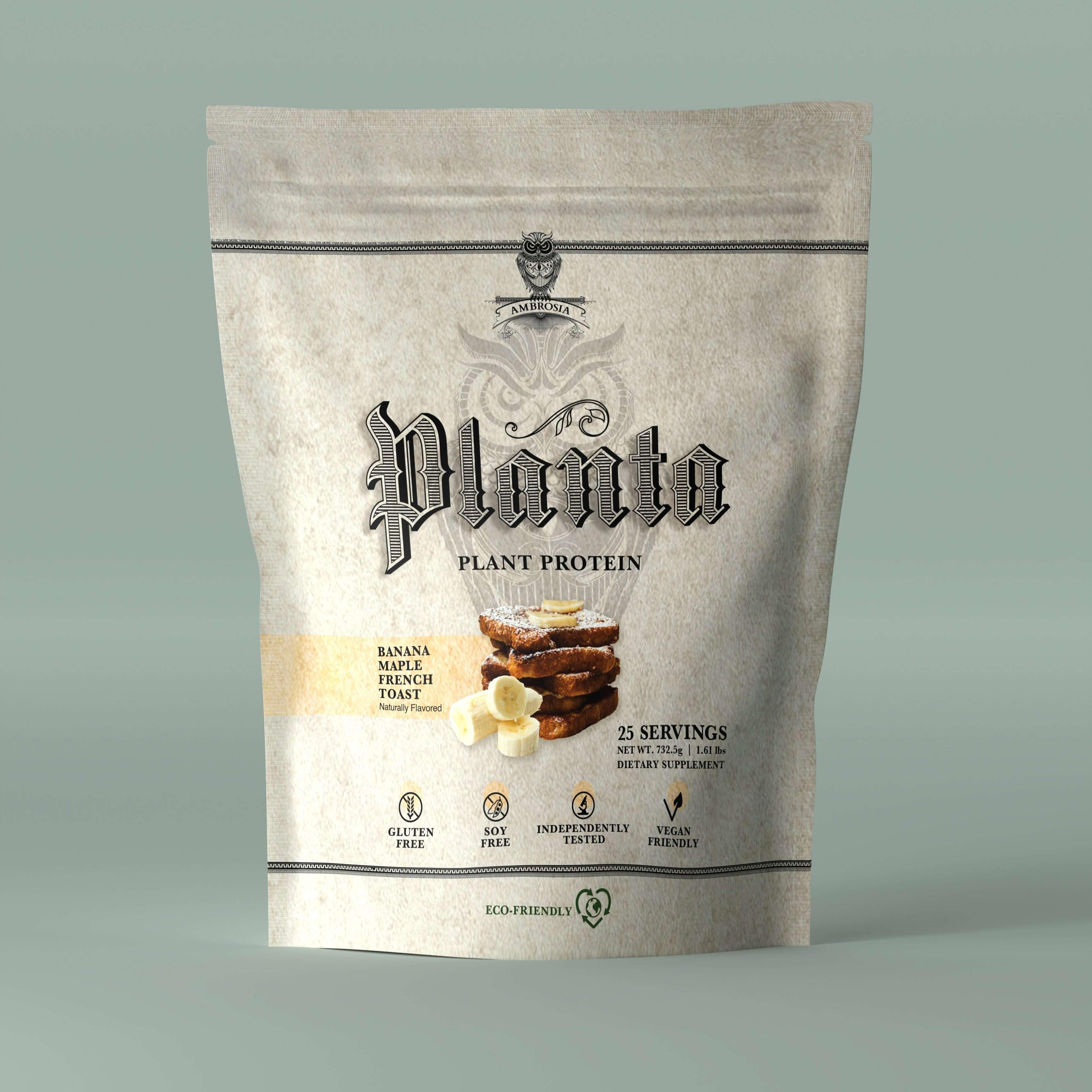 Planta - Premium Plant Protein product packaging featuring banana flavor and 25 servings, gluten-free and vegan friendly.