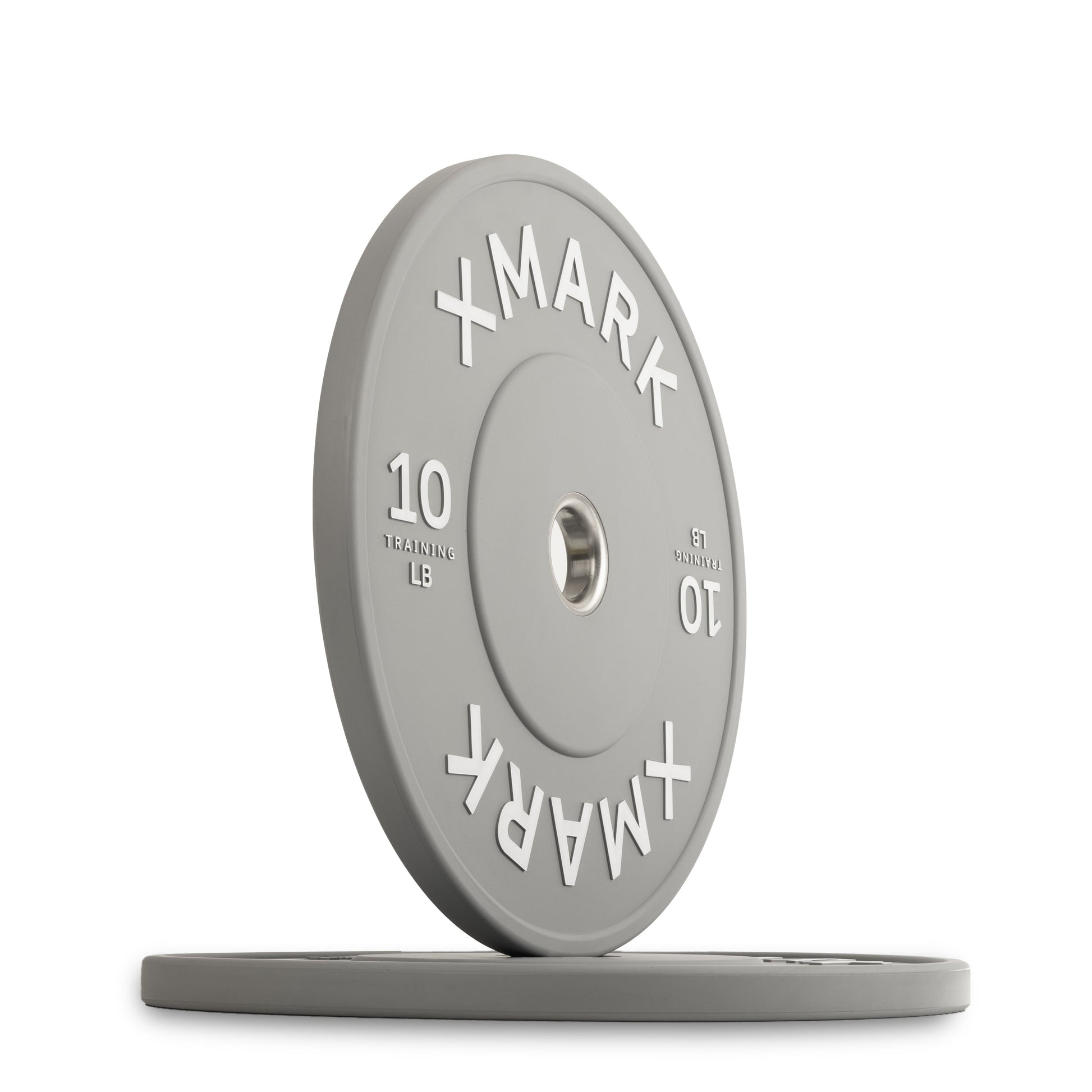 Commercial Color Bumper Plates from XMARK, gray 10 lb weight plate on white background.