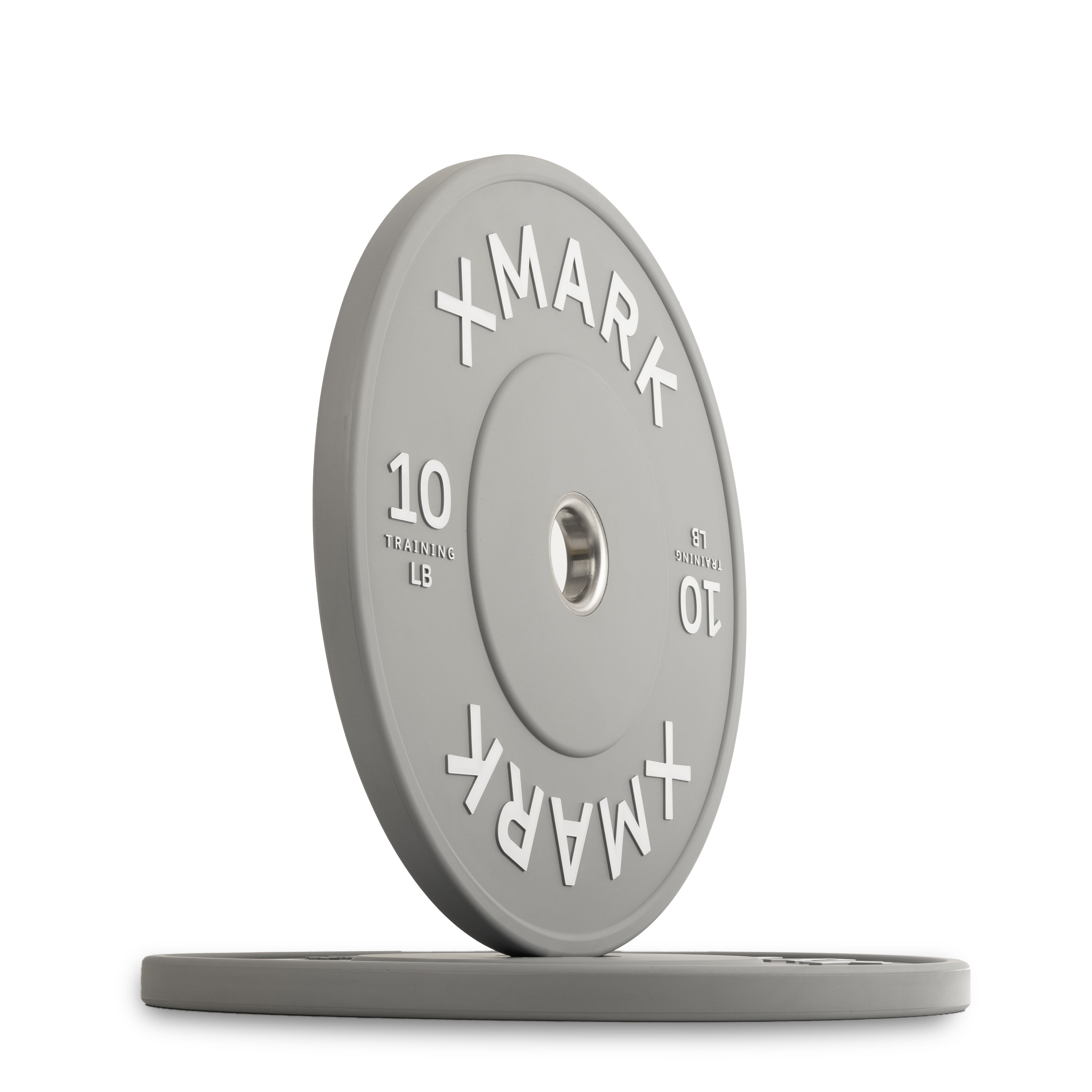 Commercial Color Bumper Plates from XMARK, gray 10 lb weight plate on white background.