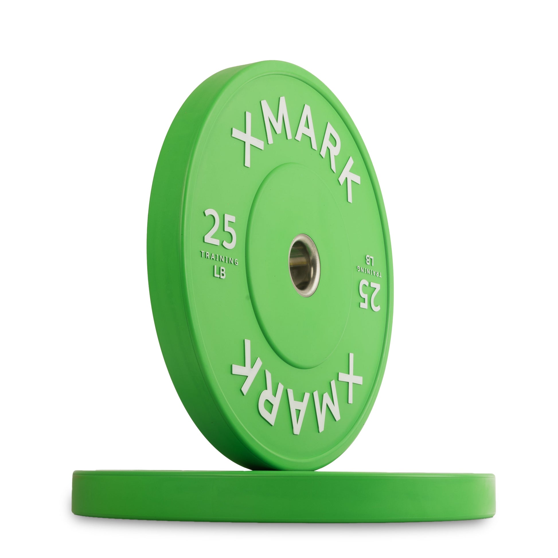Commercial Color Bumper Plates in vibrant green color, marked 25 lbs, designed for heavy usage and durability.