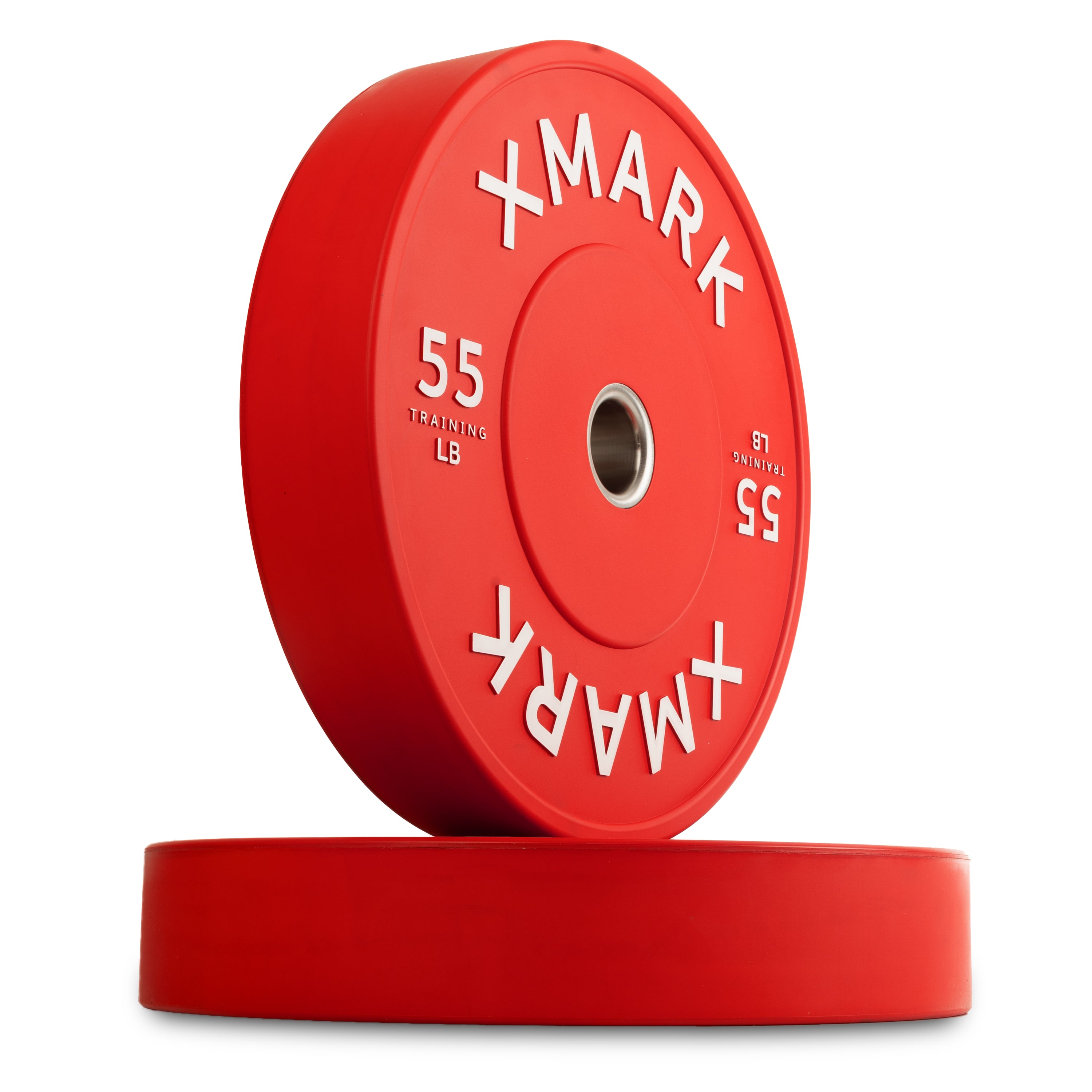 Commercial Color Bumper Plates in red, displaying weight specifications and brand logo for gym training.