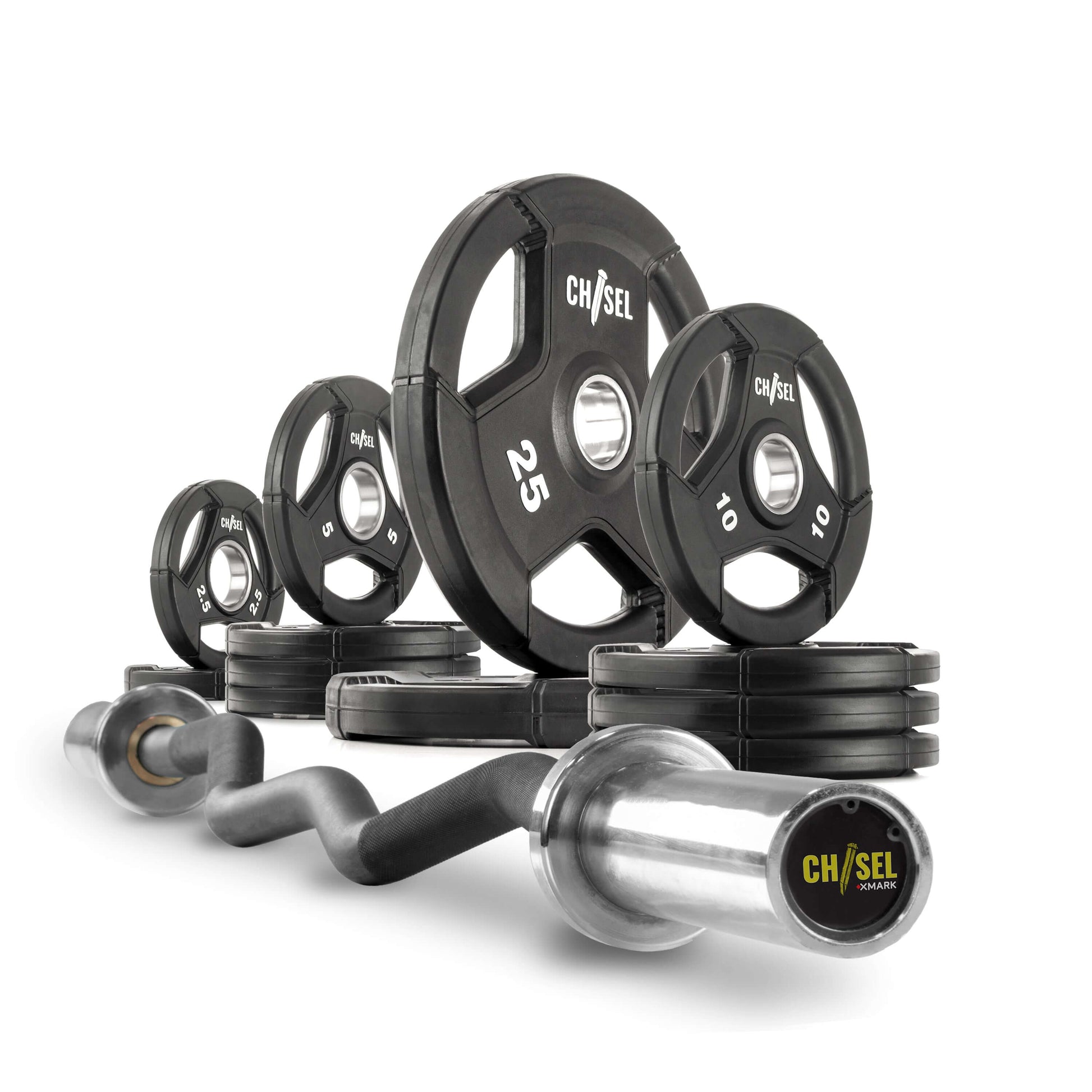 Chisel Olympic Weight Plates and Curl Barbell Sets featuring various weight plates and curl bar for strength training.