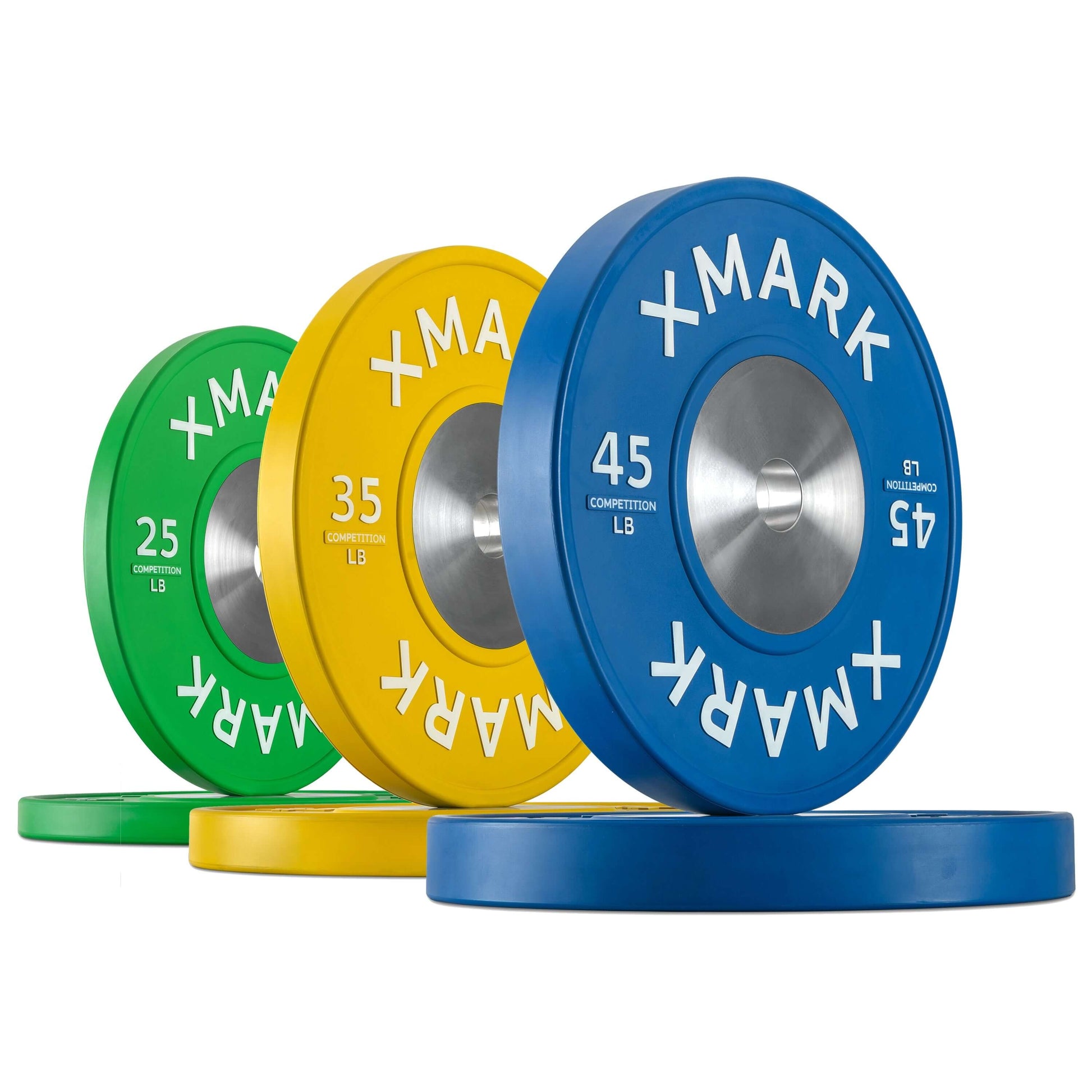 Premium Competition Bumper Plates LB Pairs and Sets displayed in various colors with weights.
