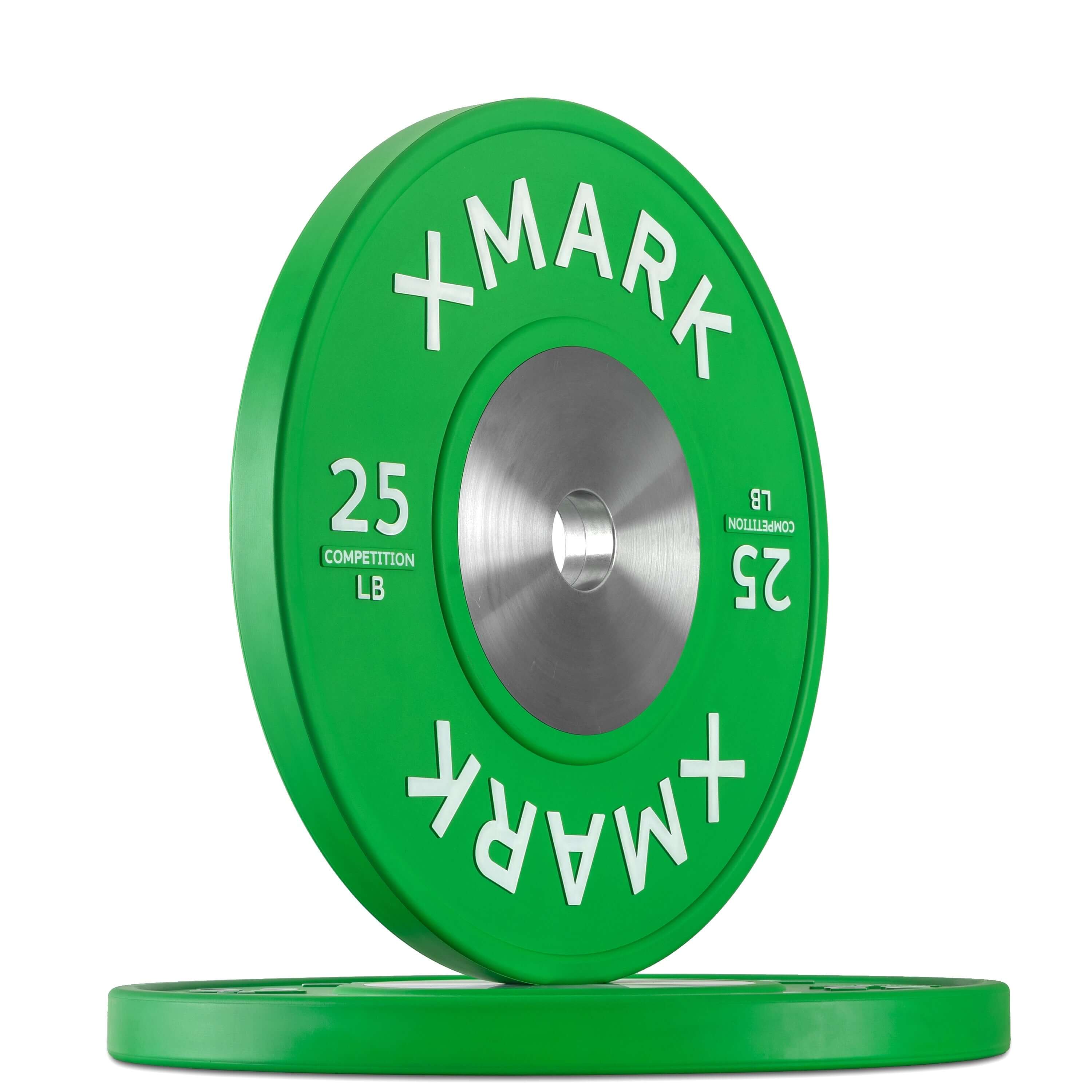 Premium Competition Bumper Plates LB Pairs and Sets - 25 LB green weight plate with metal insert for gym use.
