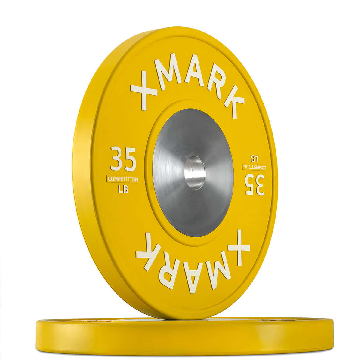 Premium Competition Bumper Plates LB Pairs and Sets, yellow 35 lb weight plate with steel insert for maximum durability.