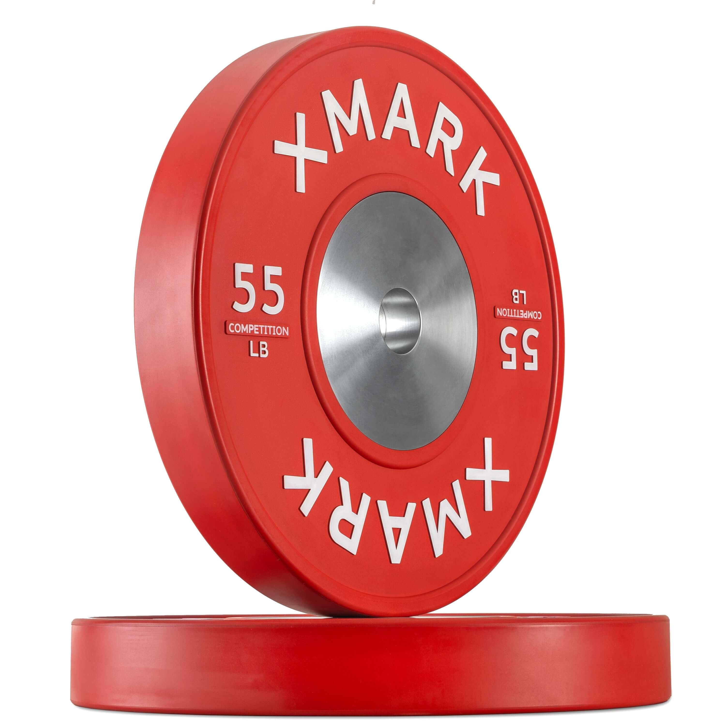 Premium Competition Bumper Plates LB Pairs and Sets - 55 lb red rubber weight plate with steel insert and competition branding
