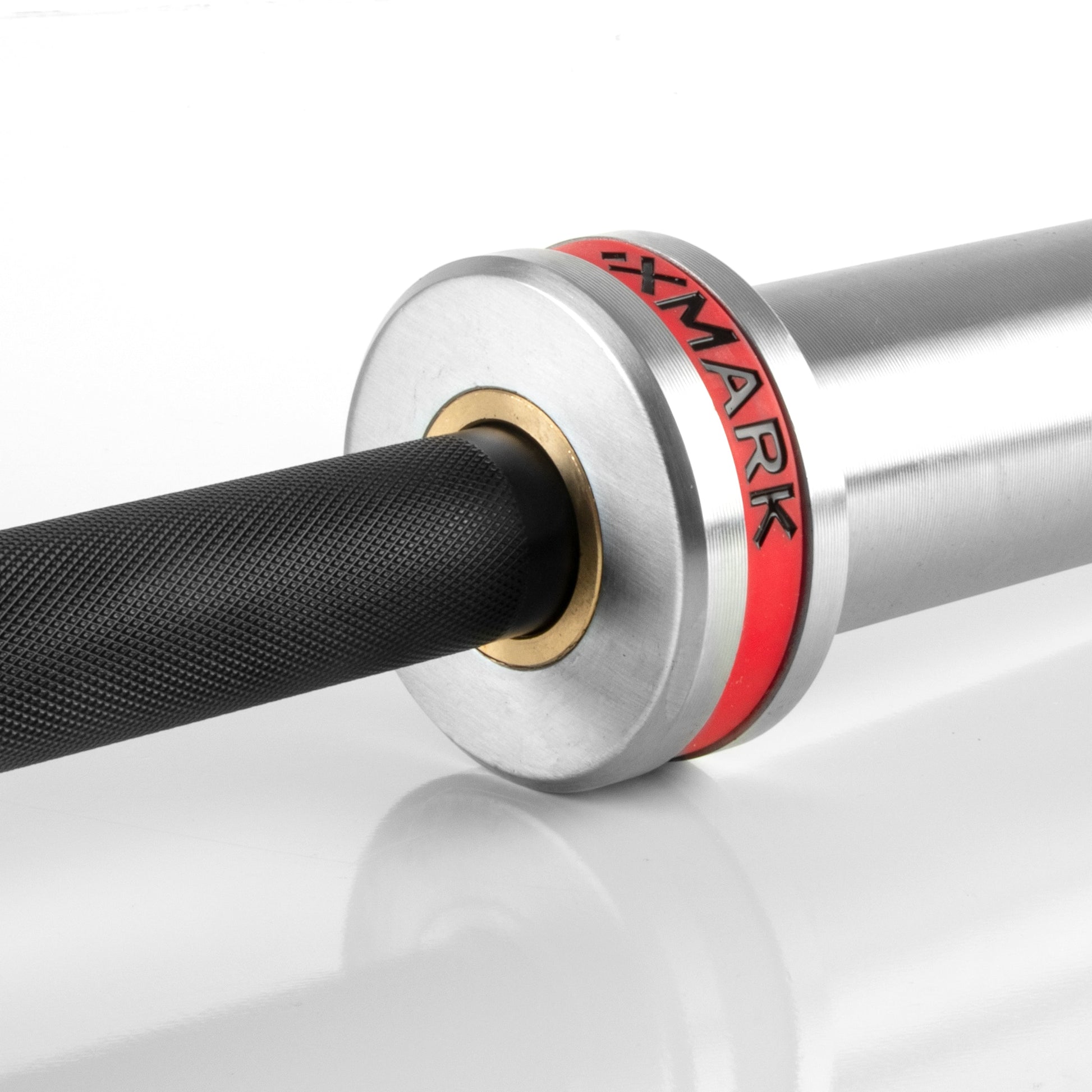 Close-up of Crowbar 7ft Olympic Weightlifting Bar showcasing its heavy-duty construction and red accents.
