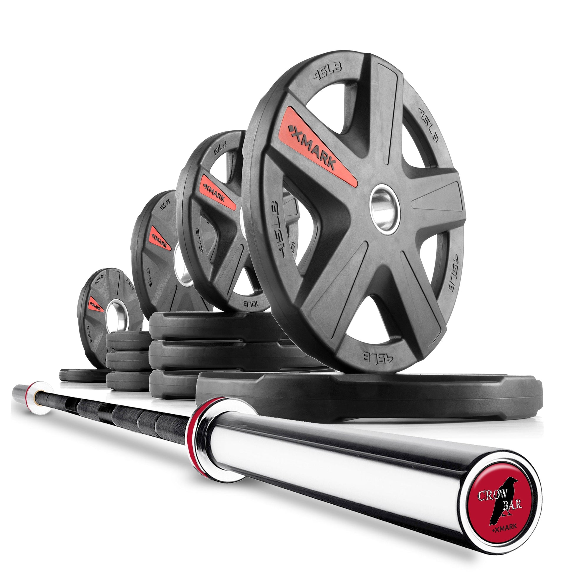 Texas Star Olympic Weight Plates and Olympic Barbell Sets with multiple weight plates and barbell.