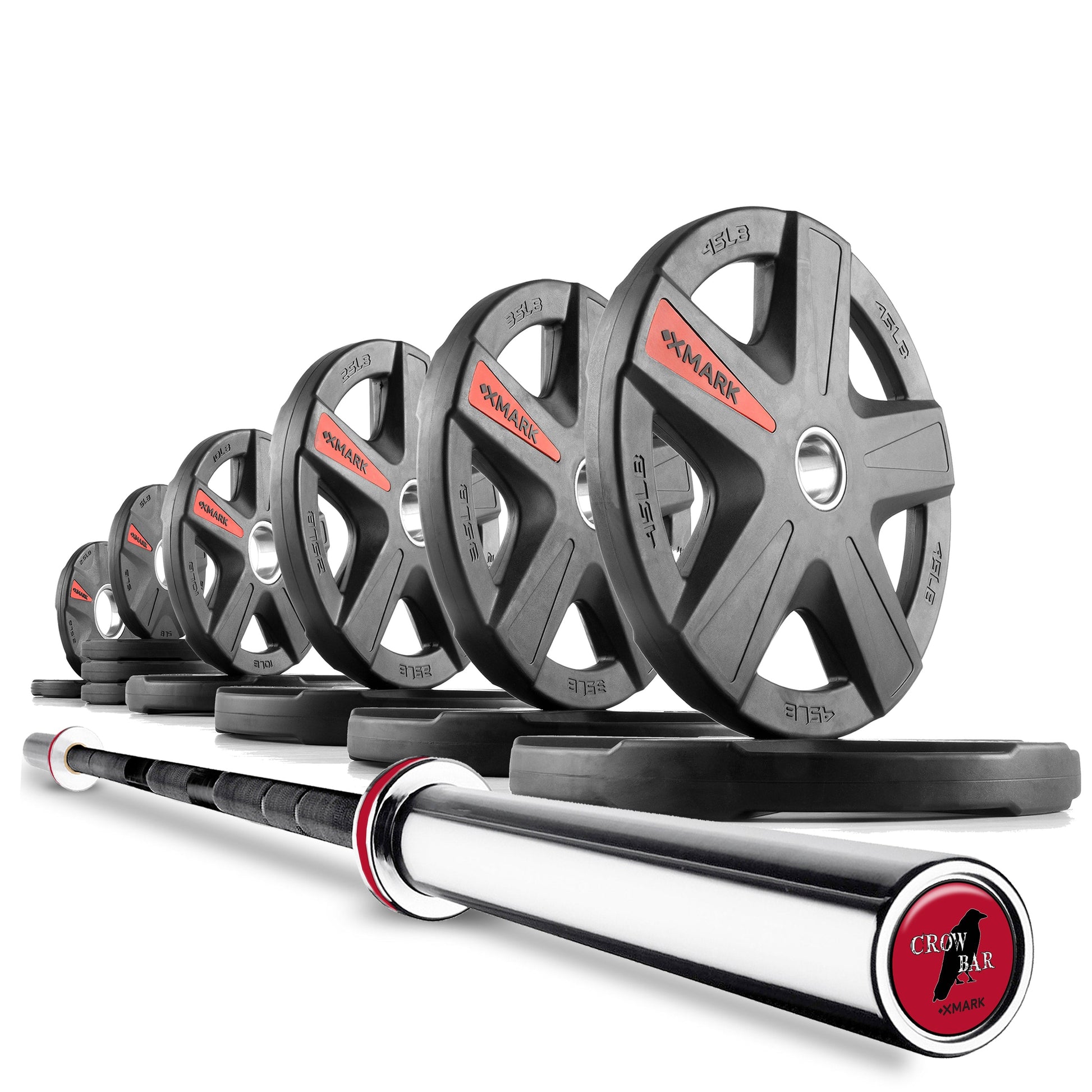 Texas Star Olympic Weight Plates and Olympic Barbell Sets with barbell and stacked weight plates.