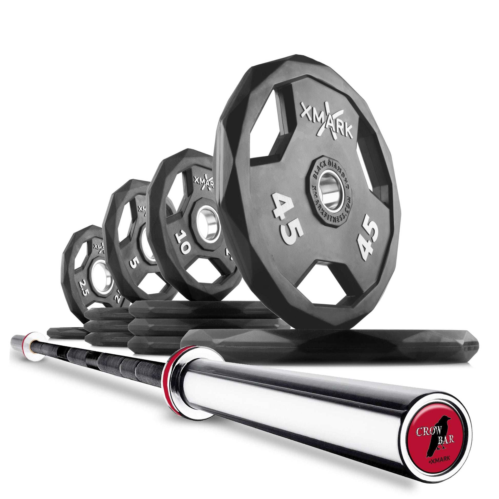 Black Diamond Olympic Weight Plates and Olympic Barbell Sets displayed with various weights and a barbell.