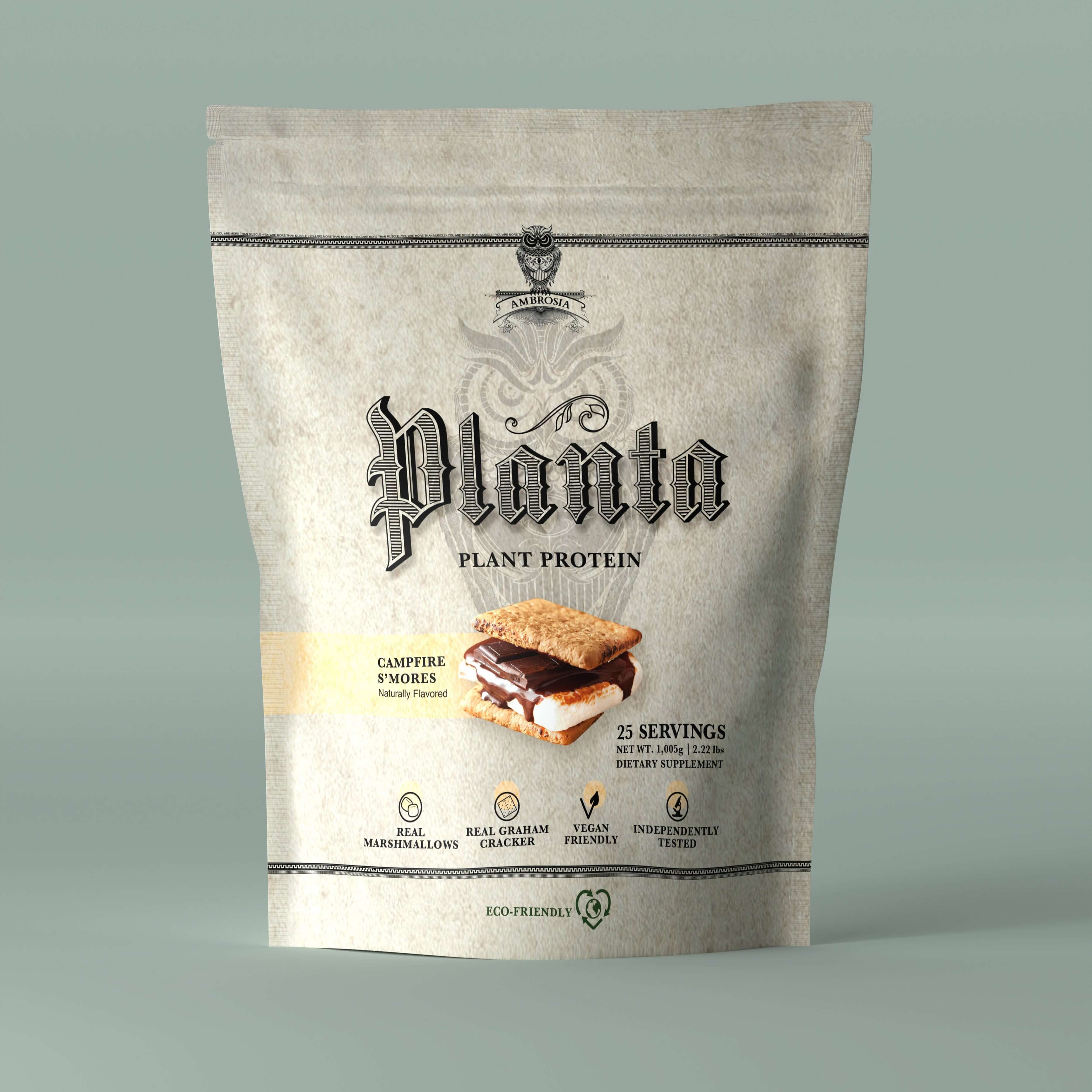 Planta - Premium Plant Protein packaging featuring Campfire S'mores flavor and eco-friendly design