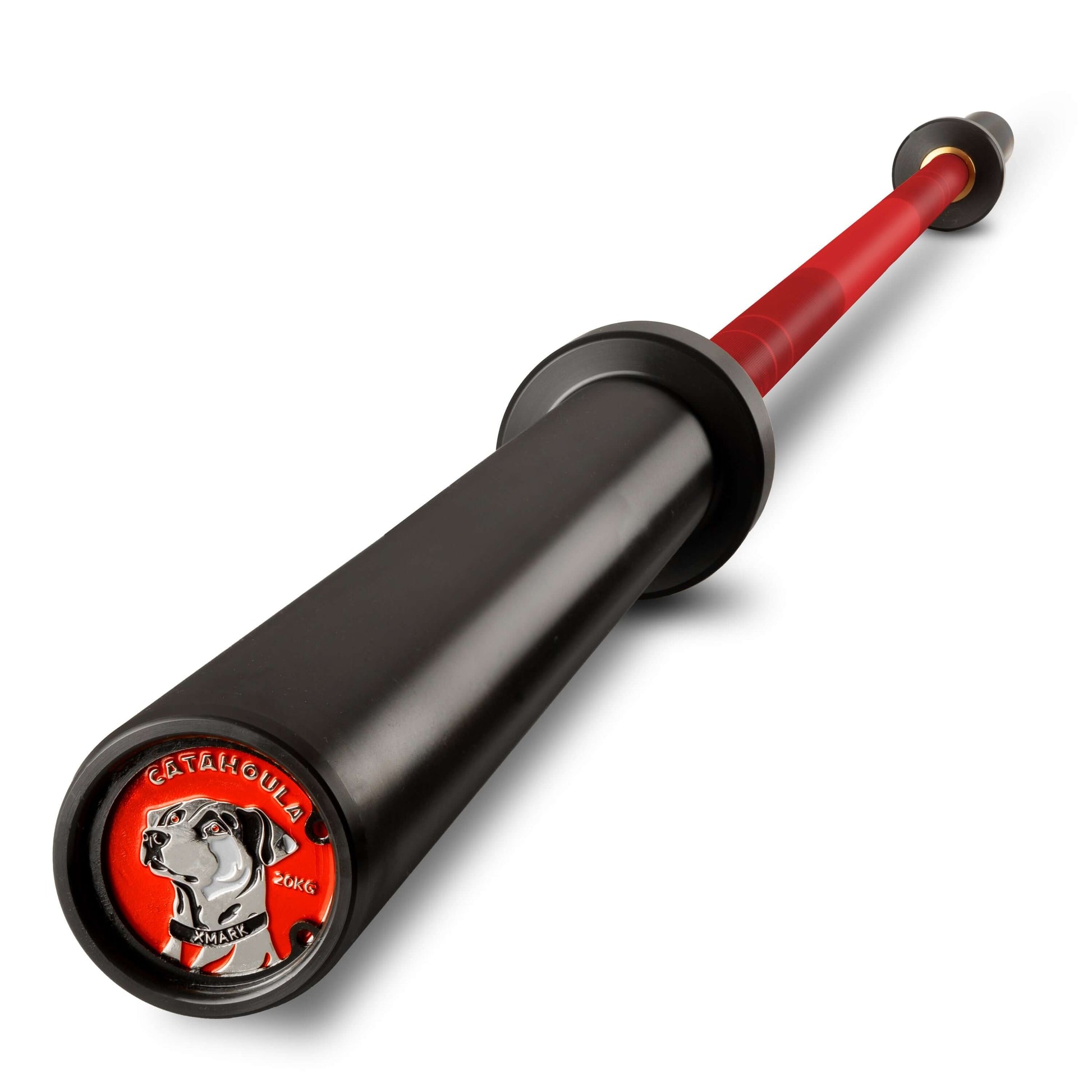 Catahoula IWF Men’s Training Bar 190000 PSI 28mm Grip US Cerakote with red and black design.