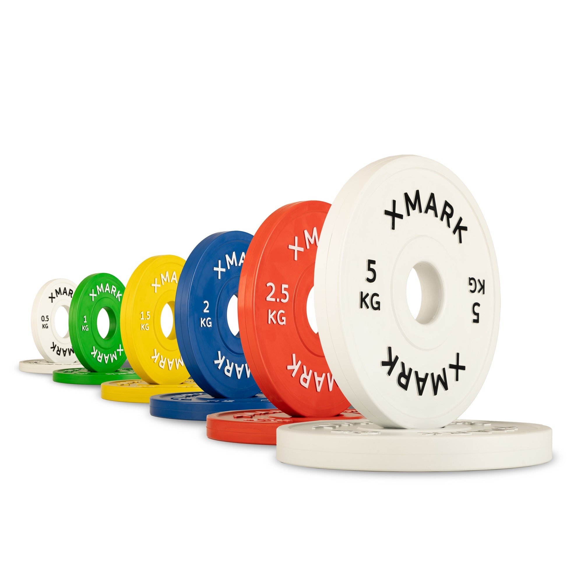 Olympic Change Plates Kilogram 6-Pairs .5 kg to 5 kg in various colors including 0.5 kg, 1 kg, 2 kg, 2.5 kg, 5 kg weights