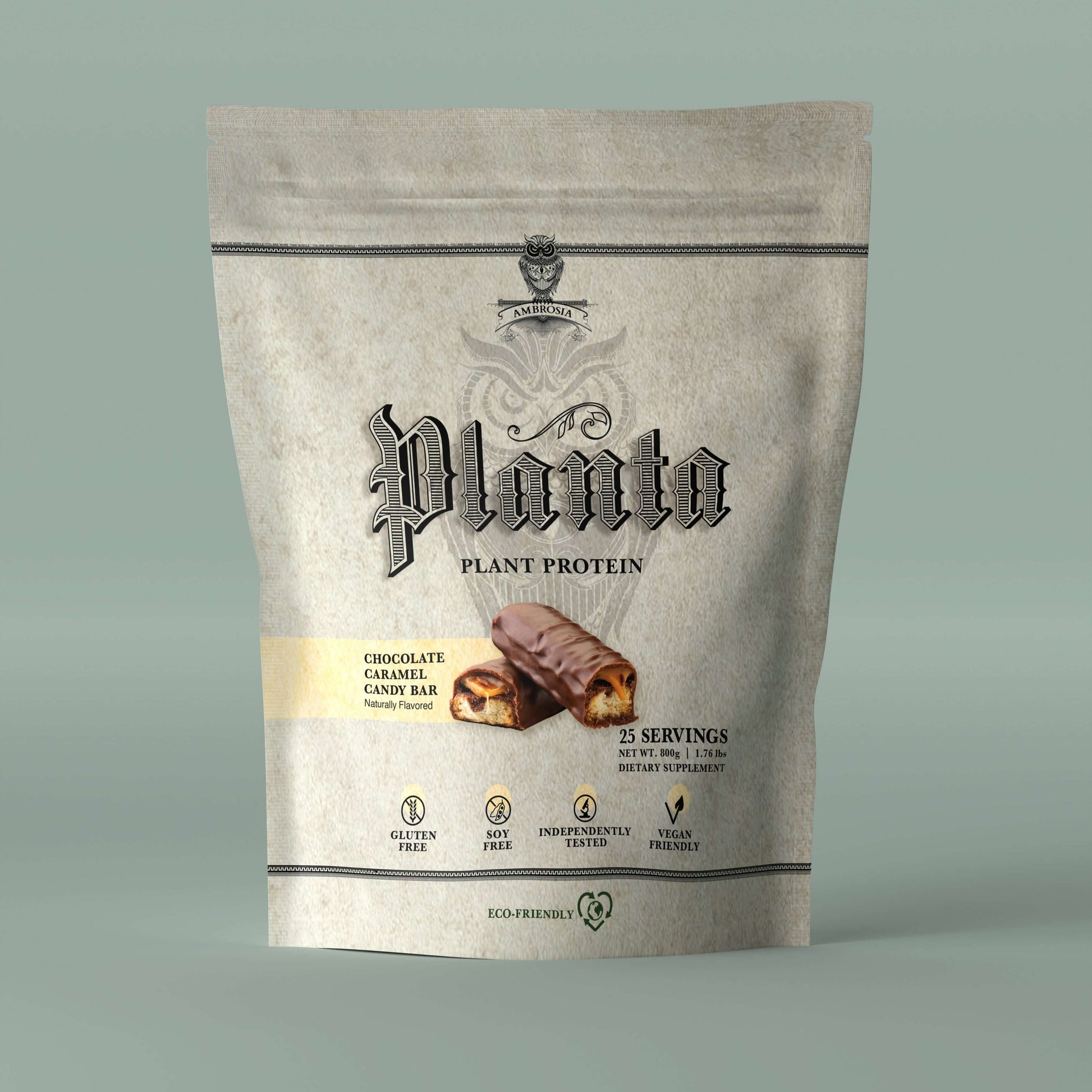Planta - Premium Plant Protein Chocolate Caramel Candy Bar packaging with 25 servings and vegan, gluten-free labels.