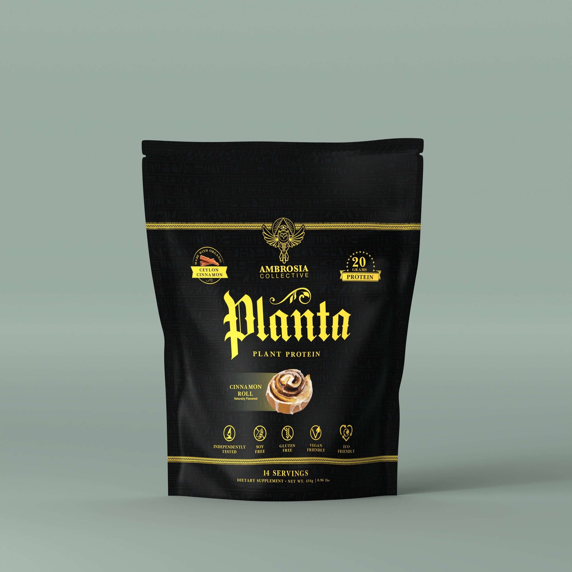 Planta - Premium Plant Protein packaging featuring cinnamon roll flavor with 20g of protein and 14 servings.